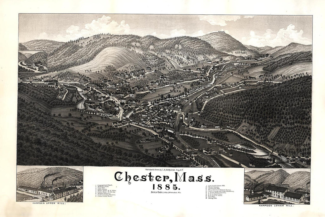 This old map of Chester, Massachusetts, from 1885 was created by  Beck &amp; Pauli, L. R. (Lucien R.) Burleigh in 1885