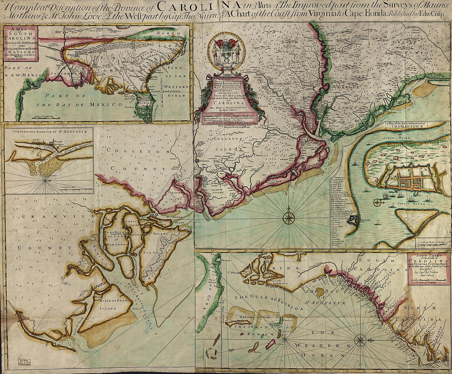 This old map of A Compleat Description of the Province of Carolina In 3 Parts : 1st, the Improved Part from the Surveys of Maurice Mathews &amp; Mr. John Love : 2ly, the West Part by Capt. Tho. Nairn : 3ly, a Chart of the Coast from Virginia to Cape Florida 