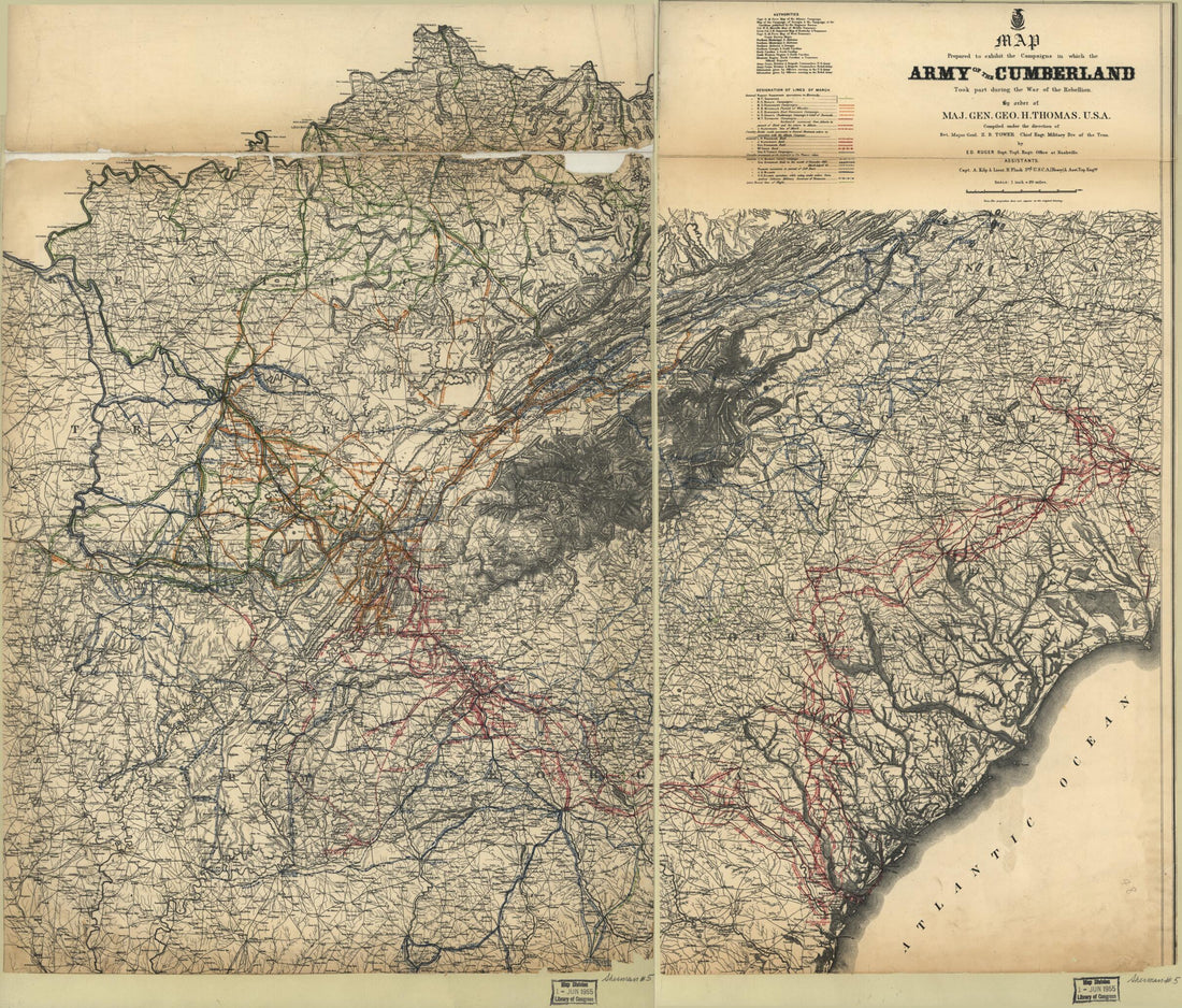 This old map of Map Prepared to Exhibit the Campaigns In Which the Army of the Cumberland Took Part During the War of the Rebellion from 1865 was created by R. Flach, Anton Kilp, Edward Ruger, George H. (George Henry) Thomas, Z. B. (Zealous Bates) Tower 