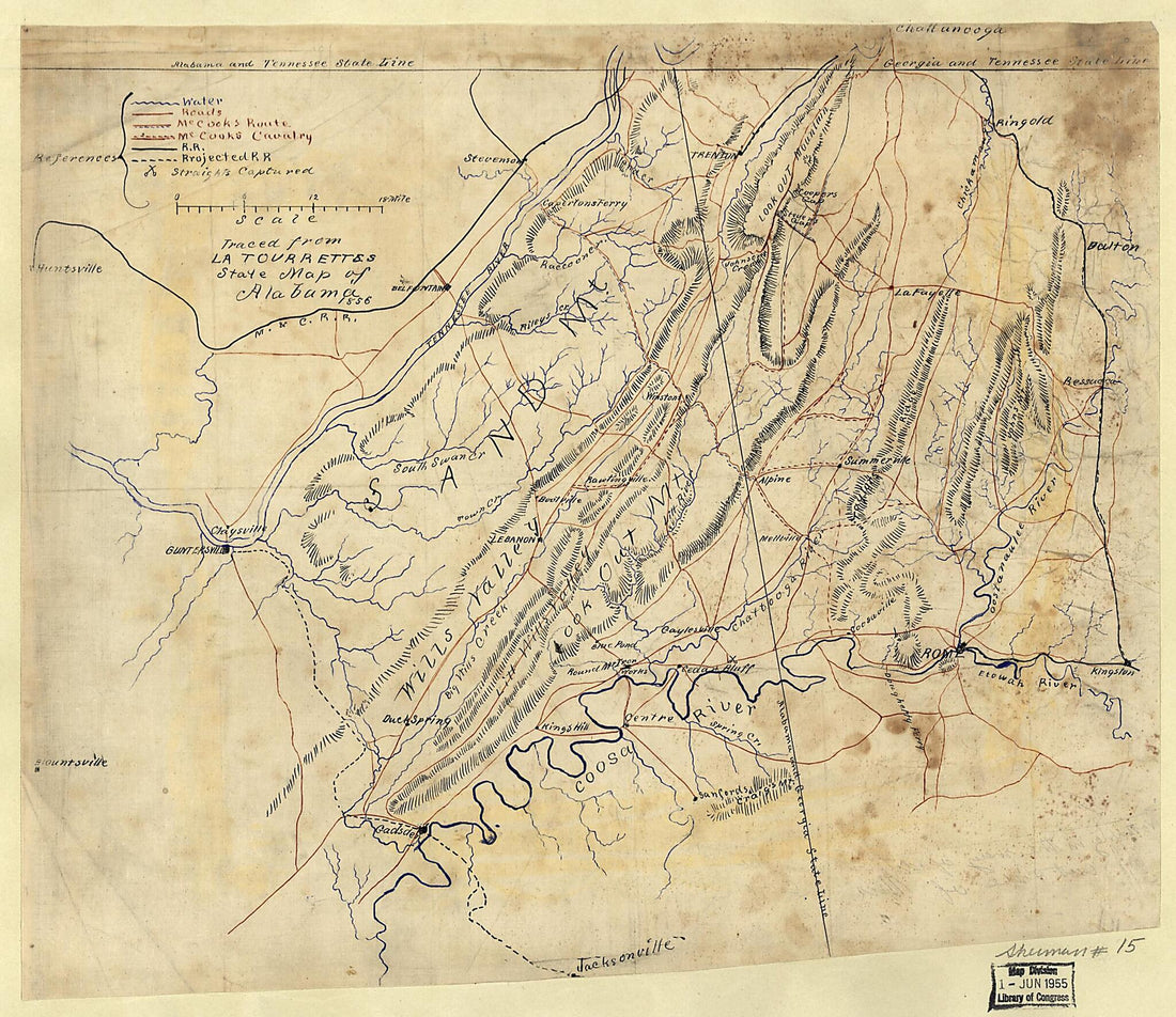 This old map of Map of Northeastern Alabama and Northwestern Georgia Showing Movement of Union Troops Under the Command of Gen. Edward M. McCook from 1864 was created by  in 1864