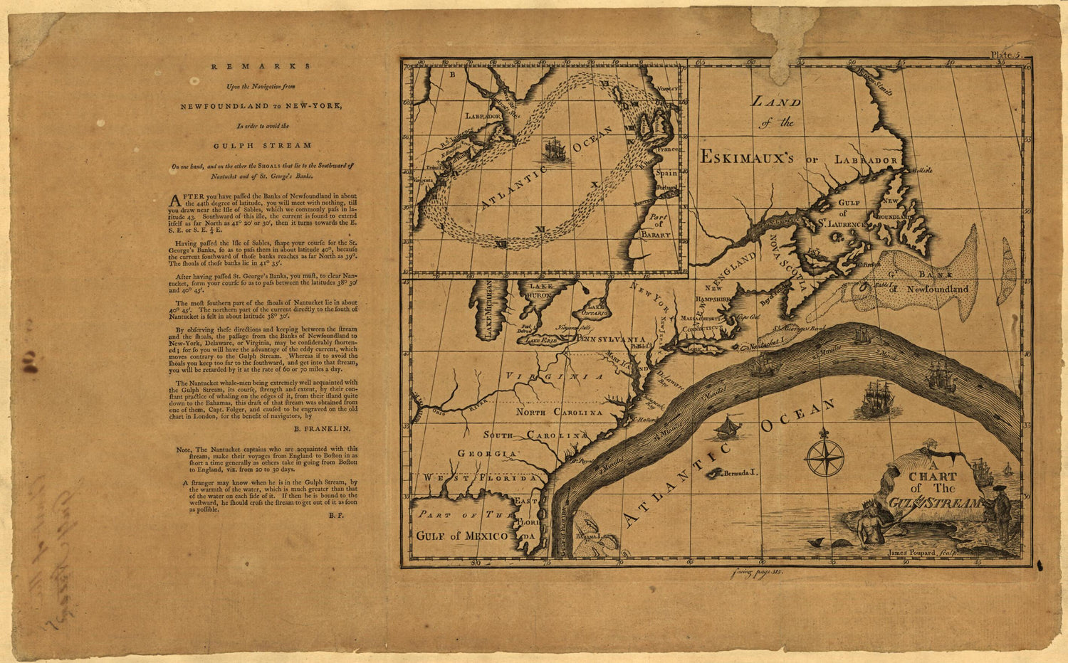 This old map of A Chart of the Gulf Stream from 1786 was created by Benjamin Franklin, James Poupard in 1786