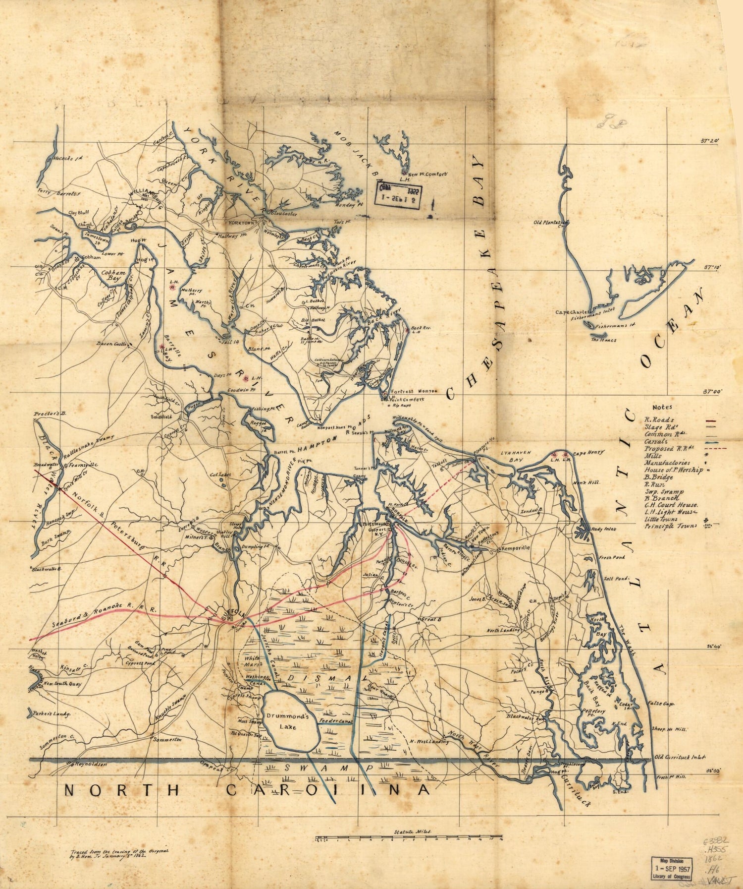 This old map of Southeastern Part of Virginia, from York River, and West to Black Water River from 1862 was created by B. Hove in 1862