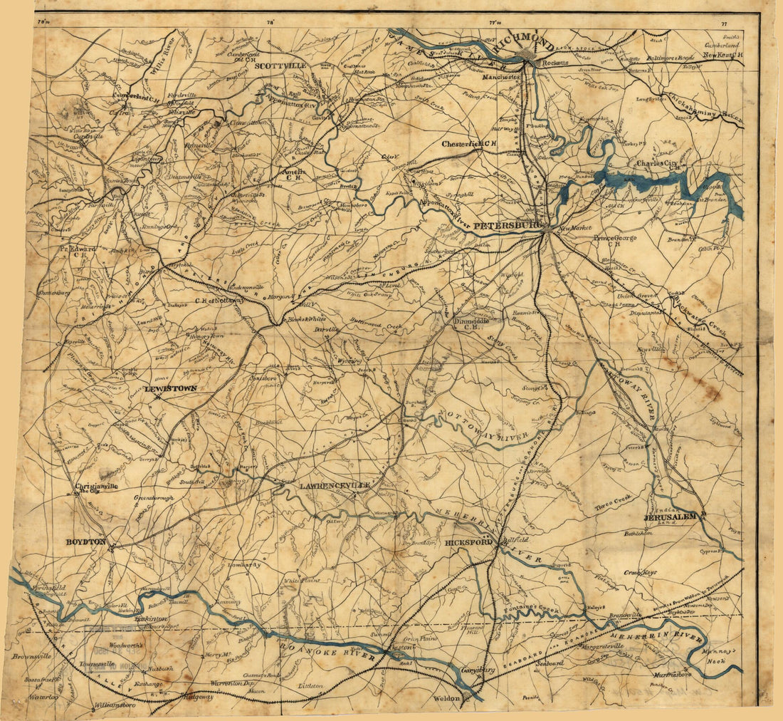 This old map of South Central Virginia Showing Lines of Transportation from 1864 was created by  United States. War Department. Engineer Bureau in 1864