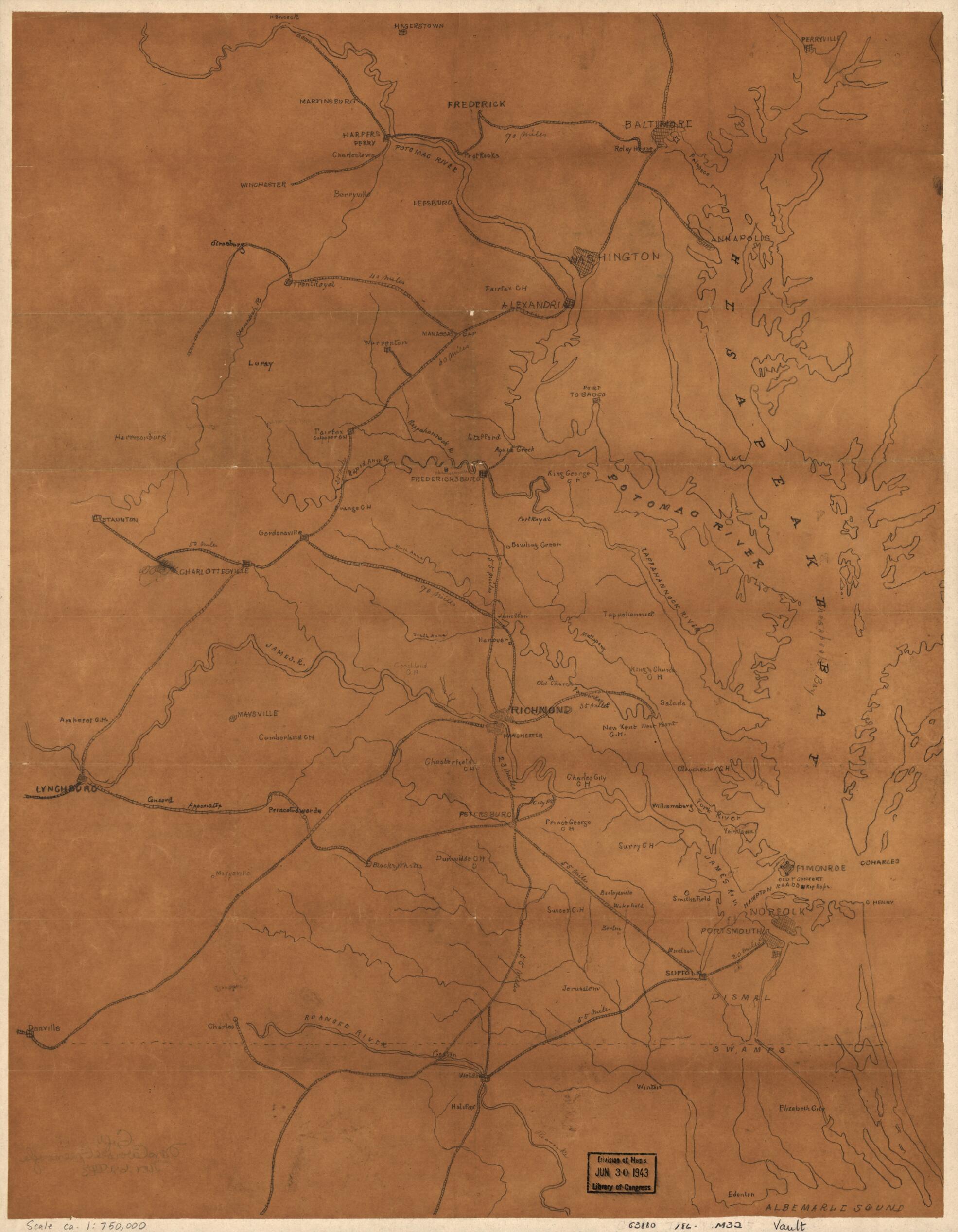 This old map of Map of Eastern Virginia and Parts of Maryland and Northern North Carolina Showing Railroads and Principal Cities and Towns from 1861 was created by  in 1861