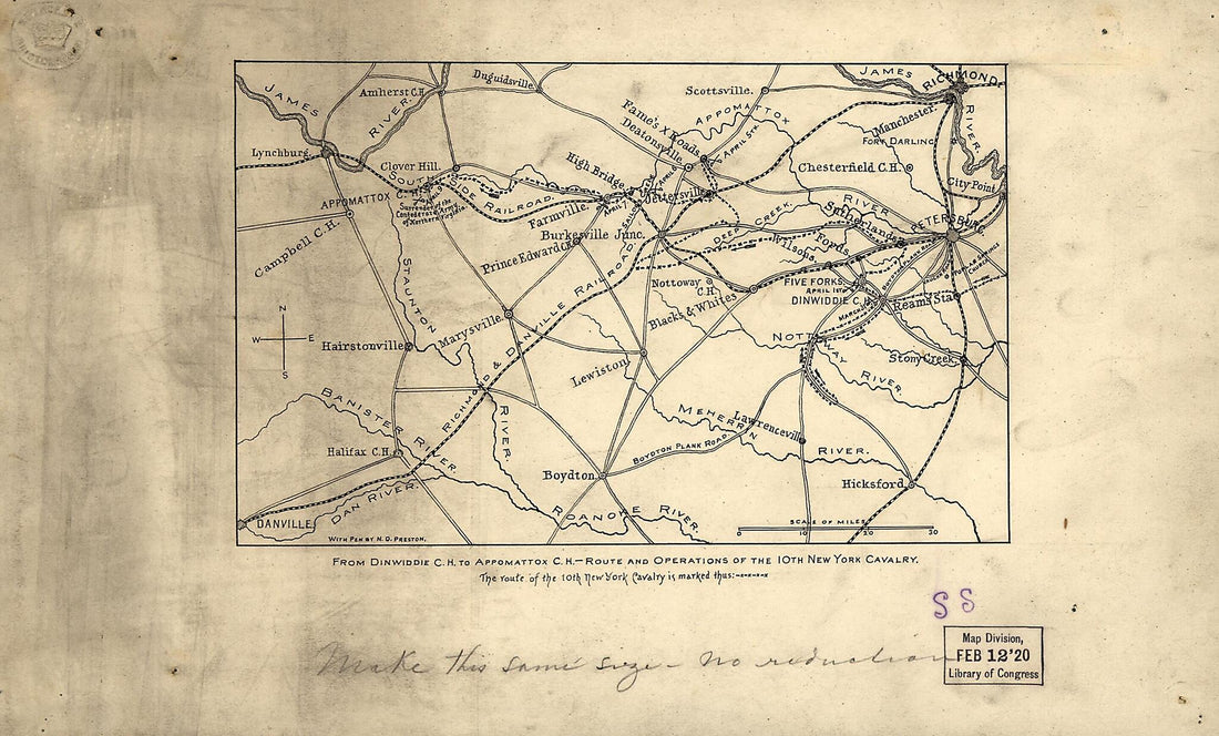 This old map of From Dinwiddie C.H. to Appomattox C.H., Route and Operations of the 10th New York Cavalry from 1892 was created by Noble D. Preston in 1892