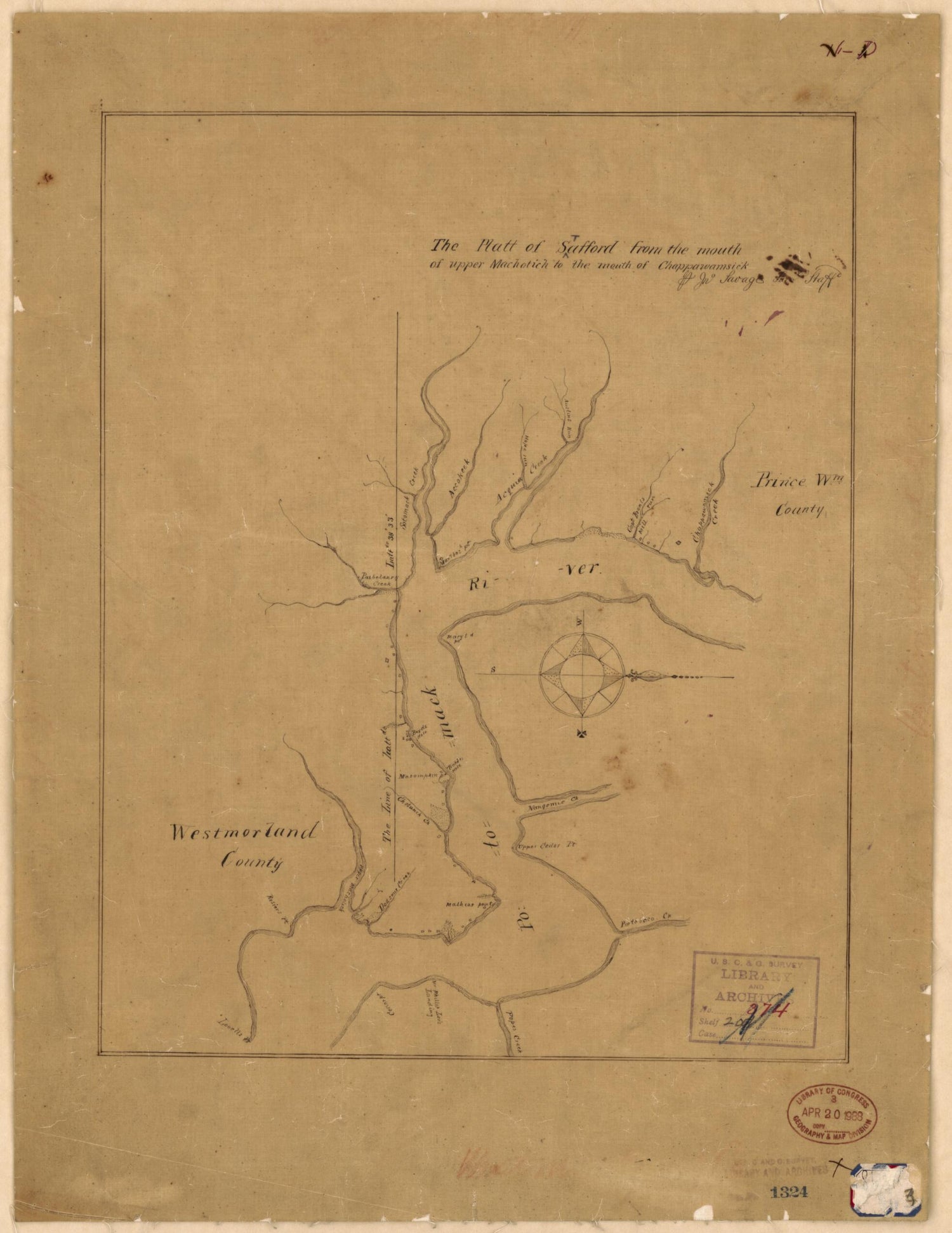 This old map of The Platt of Safford i.e. Stafford from the Mouth of Upper Machotich to the Mouth of Chappawamsick (The Platt of Stafford from the Mouth of Upper Machotich to the Mouth of Chappawamsick) from 1730 was created by John Savage in 1730