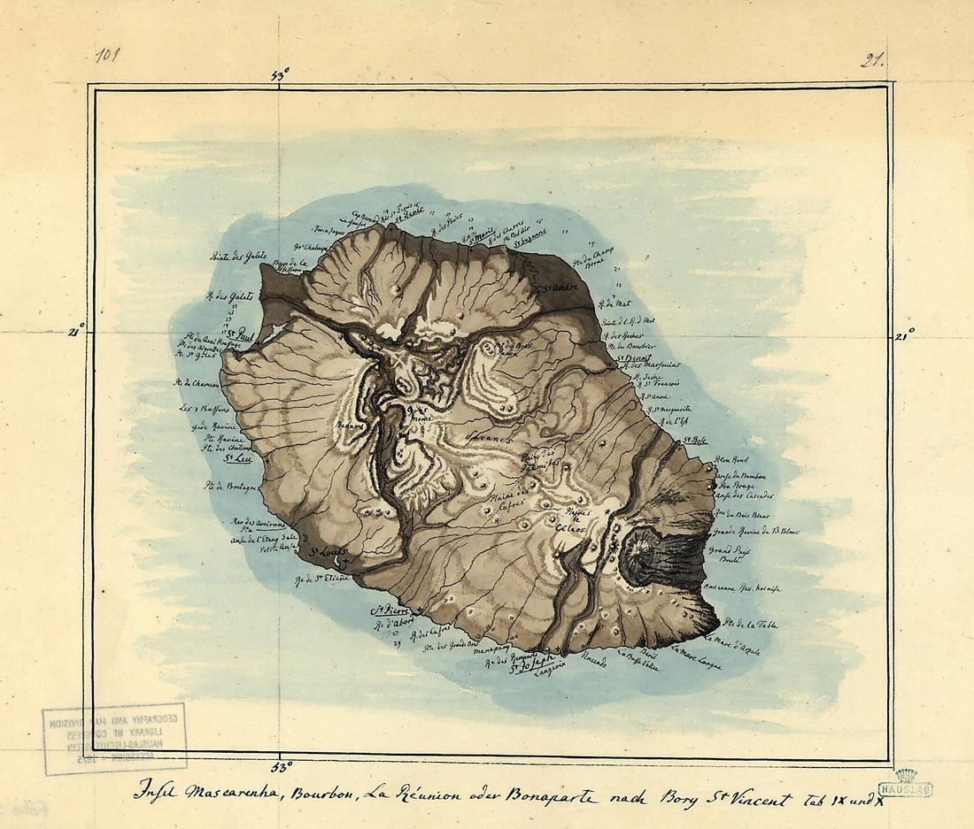 This old map of Insel Mascarenha, Bourbon, La Réunion Oder Bonaparte Nach Bory St. Vincent Tab. IX Und X from 1802 was created by (Jean Baptiste Geneviève Marcellin) Vincent, Carl Ritter in 1802