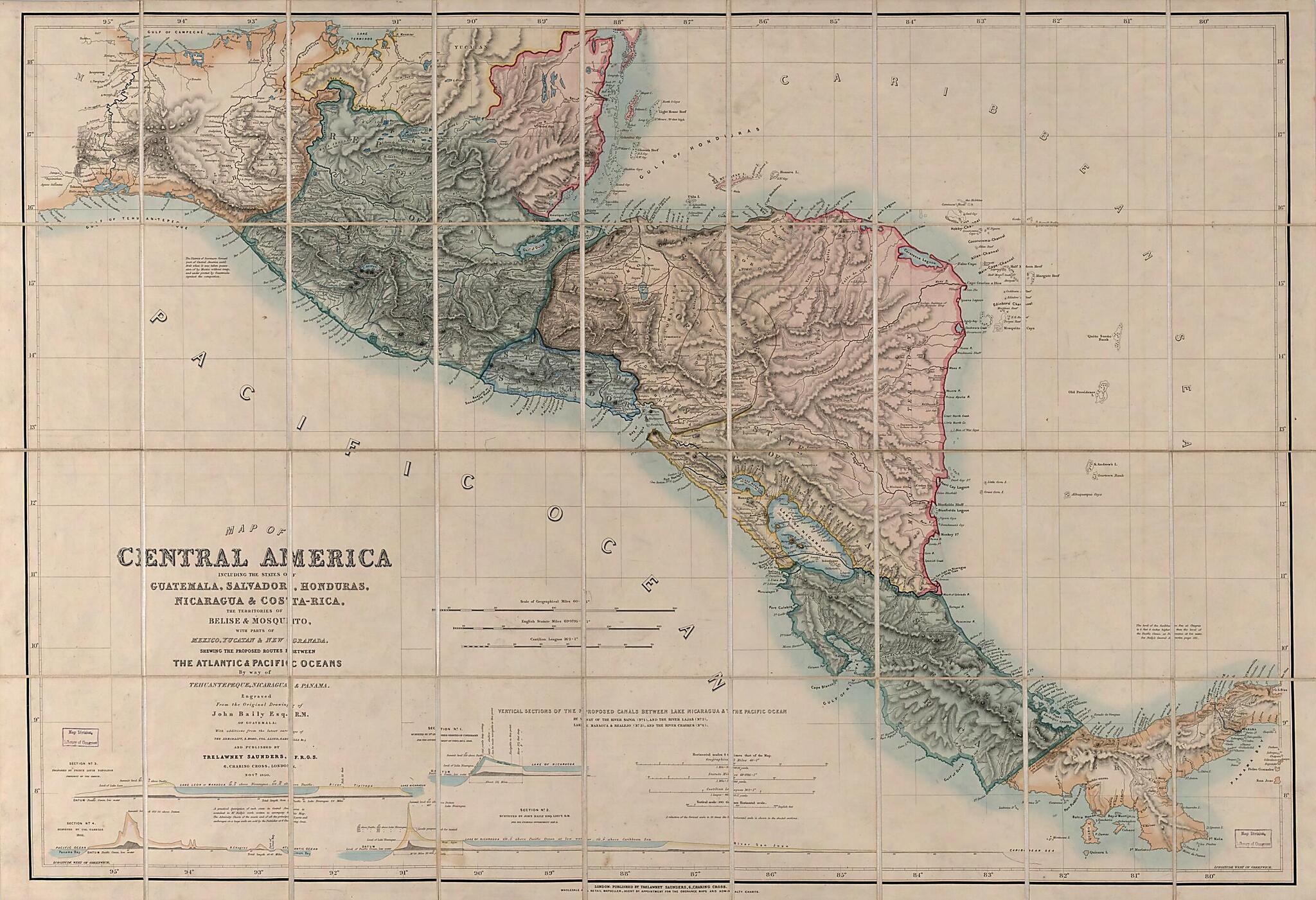 Map of Central America Including the States of Guatemala, Salvador, Honduras, Nicaragua &amp; Costa Rica, the Territories of Belise &amp; Mosquito, With Parts of Mexico, Yucatan &amp; New Granada : Shewing the Proposed Routes Between the Atlantic &amp; Pacific Oceans... by Relic Map Company