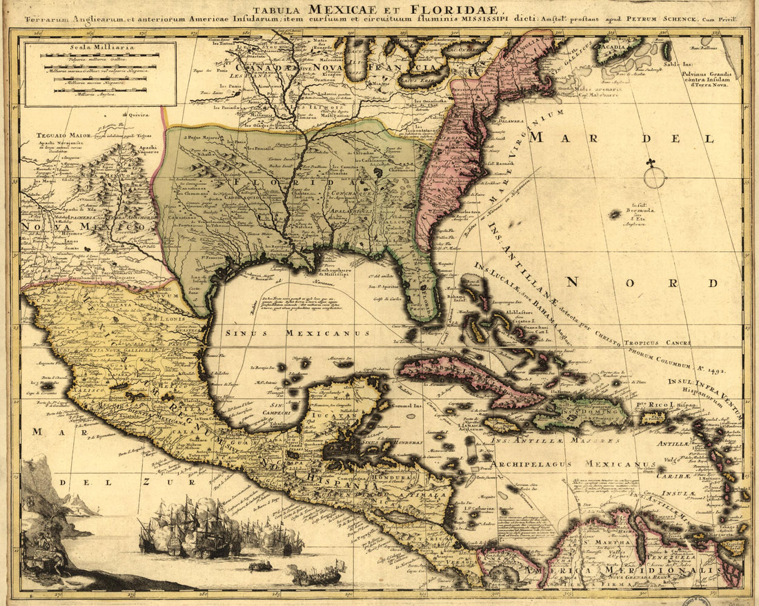 This old map of Tabula Mexicae Et Floridae : Terrarum Anglicarum, Et Anteriorum Americae Insularum, Item Cursuum Et Circuituum Fluminis Mississipi Dicti from 1710 was created by Peter Schenk in 1710