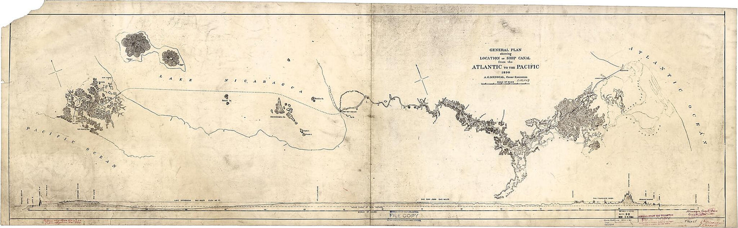 This old map of General Plan Showing Location of Ship Canal from Atlantic to Pacific / A.G. Menacol, Chief Engineer from 1890 was created by A. G. (Anicet Garcia) Menocal in 1890