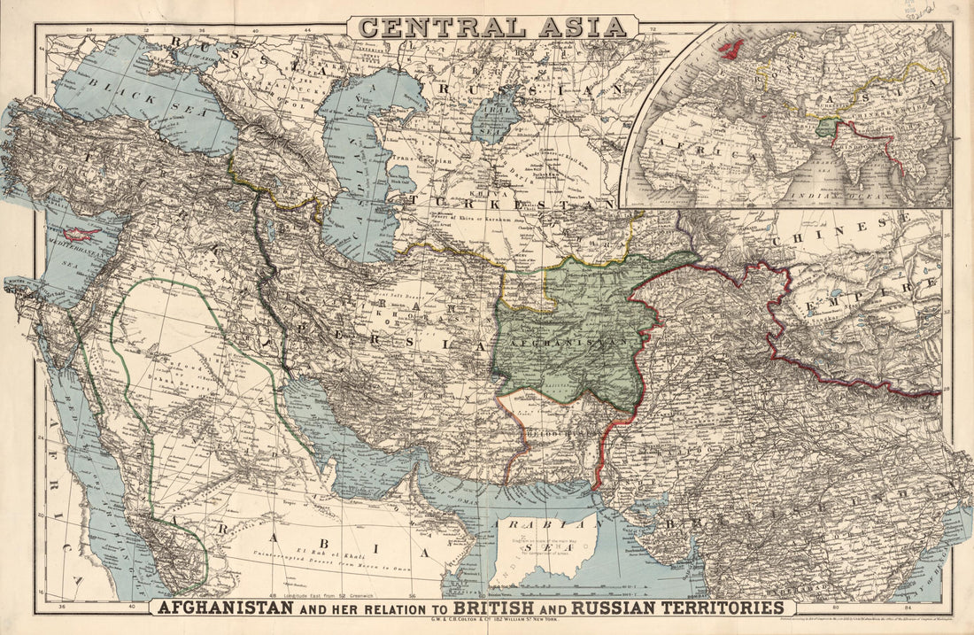 This old map of Central Asia : Afghanistan and Her Relation to British and Russian Territories from 1885 was created by  G.W. &amp; C.B. Colton &amp; Co in 1885