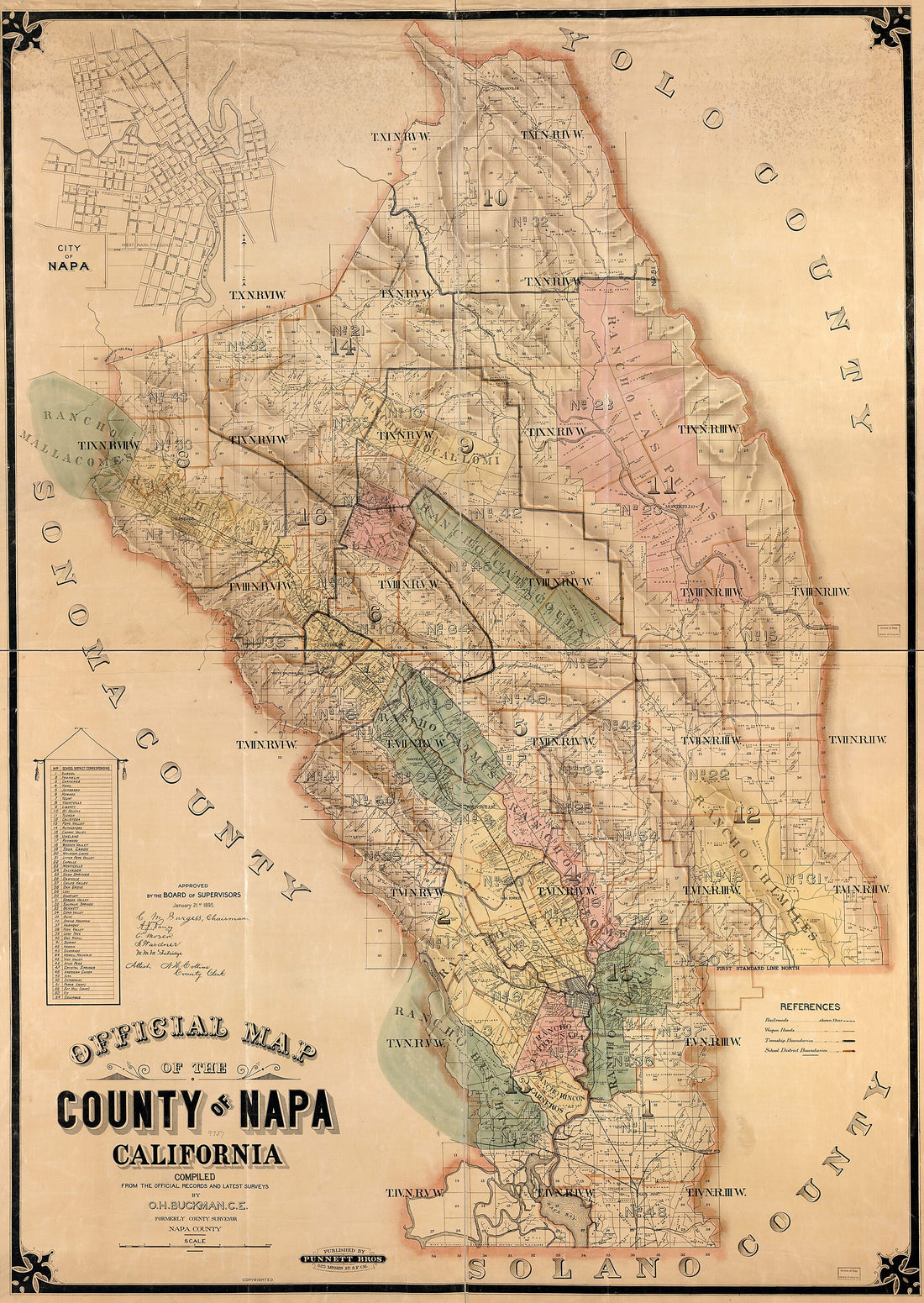 This old map of Official Map of the County of Napa, California : Compiled from the Official Records and Latest Surveys from 1895 was created by O. H. (Oliver H.) Buckman,  Punnett Brothers in 1895