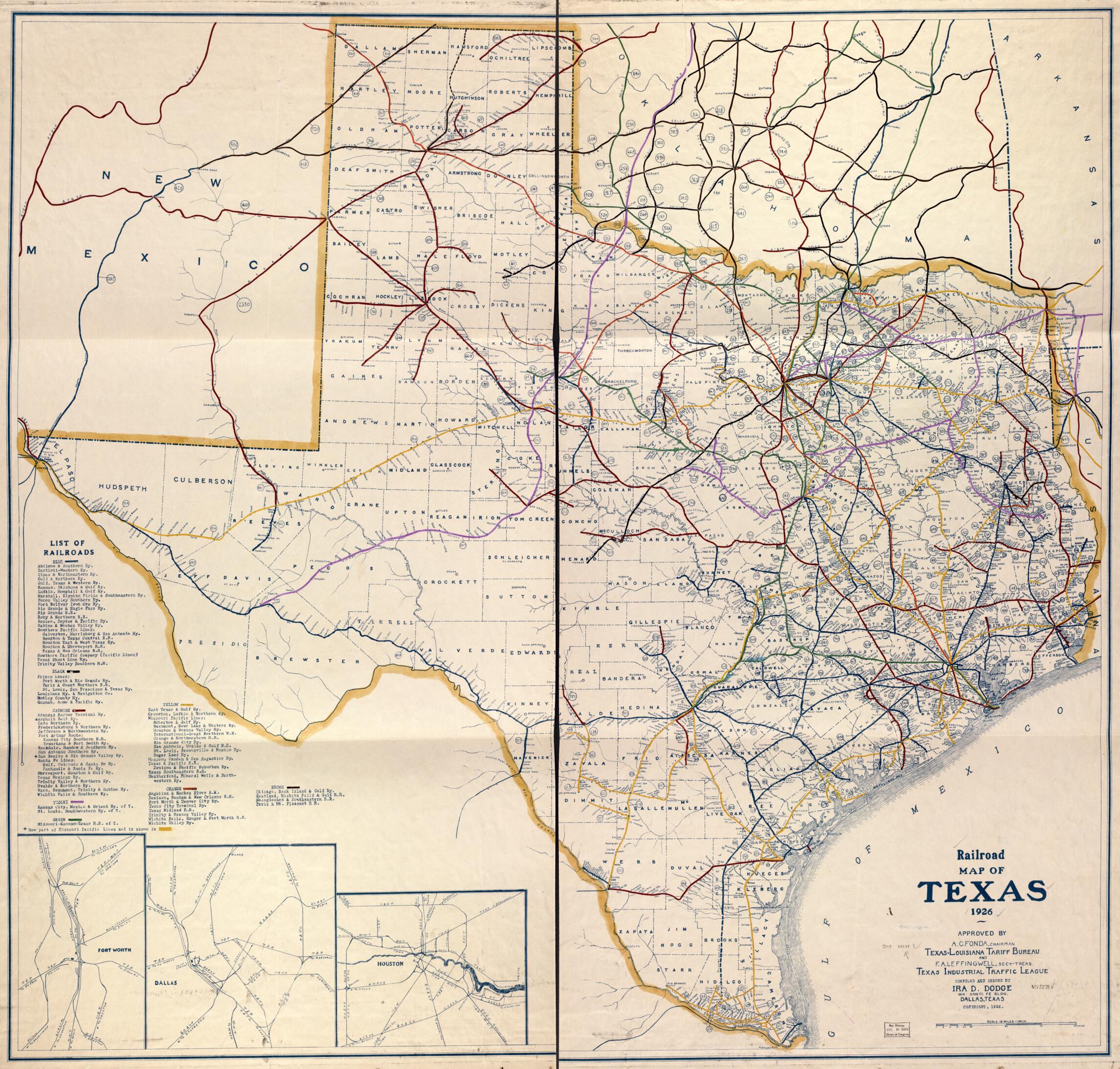 This old map of Railroad Map of Texas, from 1926 was created by Ira D. Dodge in 1926