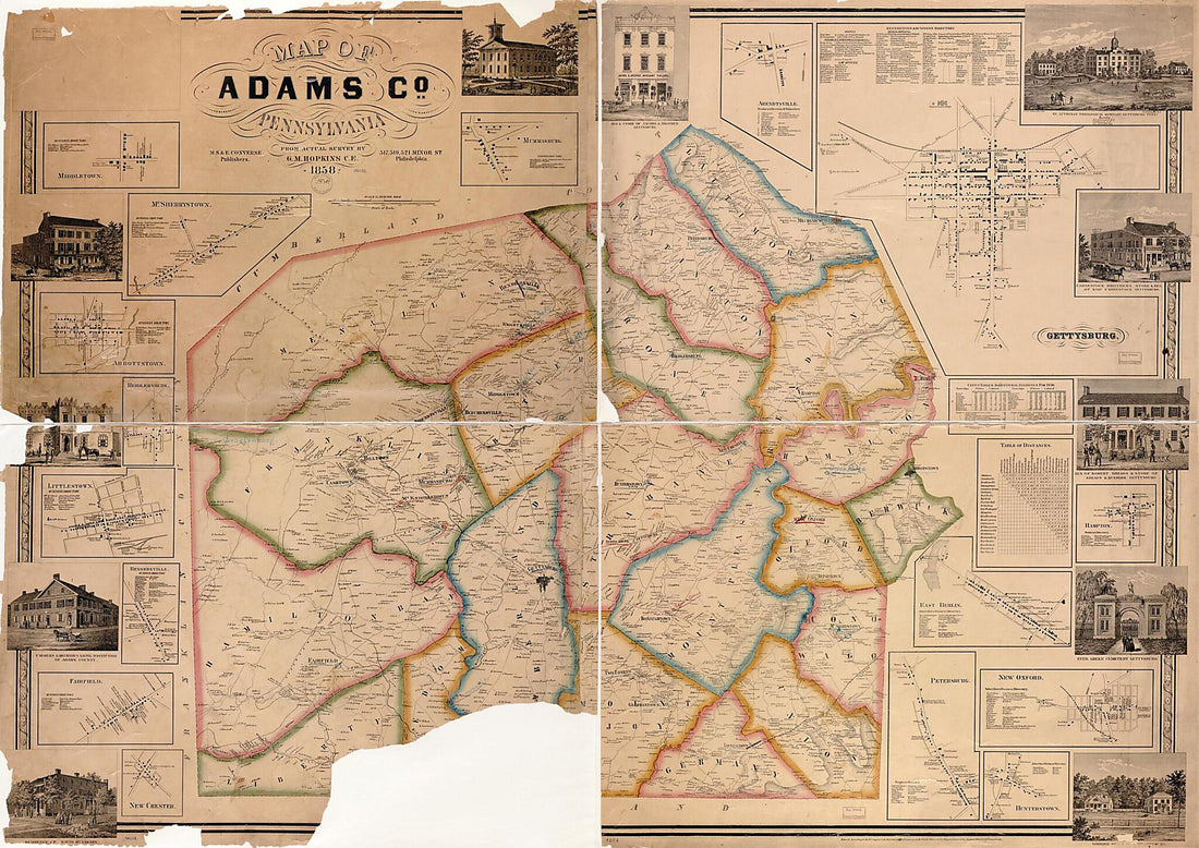 This old map of Map of Adams County, Pennsylvania from 1858 was created by Griffith Morgan Hopkins,  M.S. &amp; E. Converse Publishers in 1858