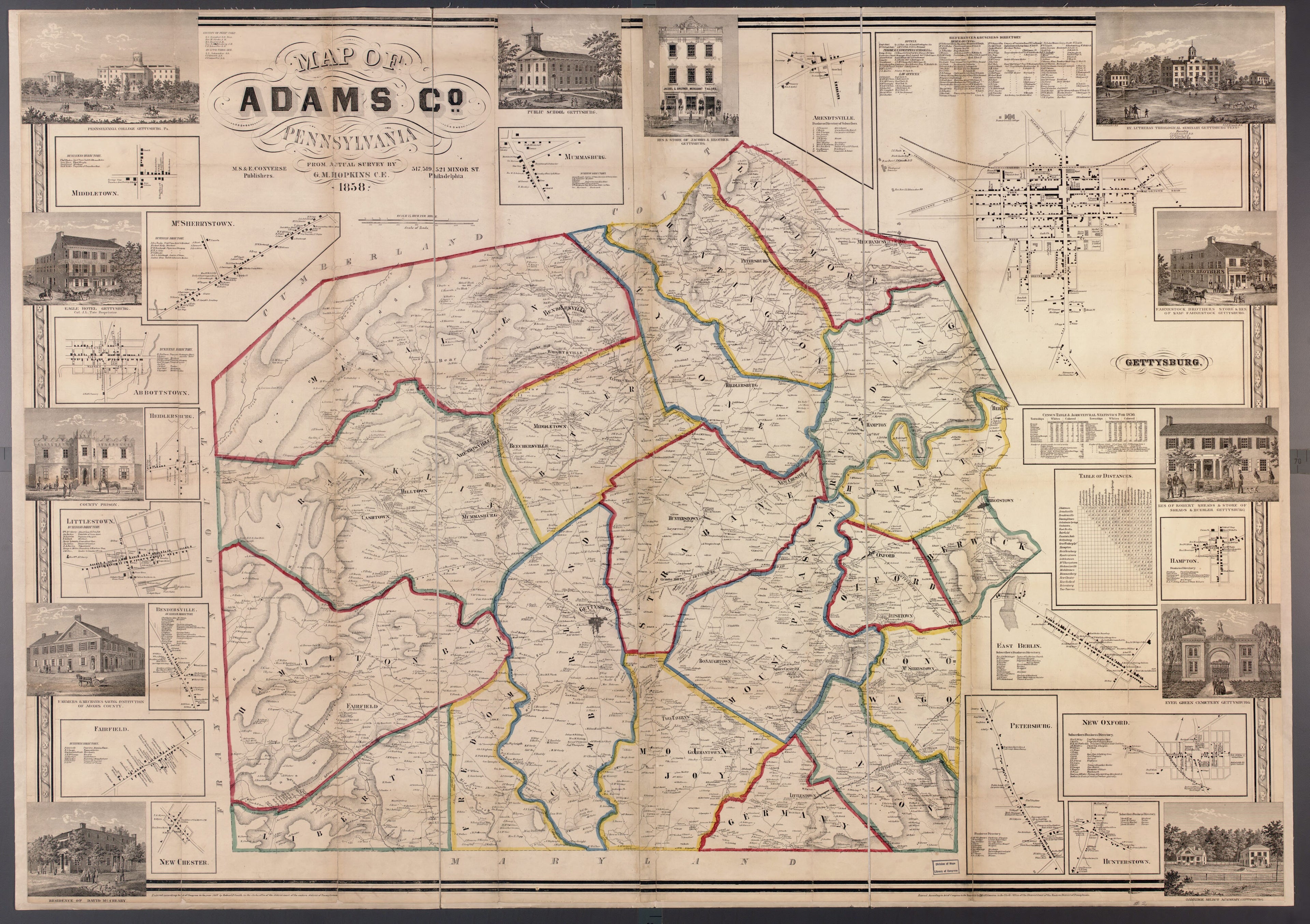 This old map of Map of Adams Co., Pennsylvania from 1858 was created by Griffith Morgan Hopkins,  M.S. &amp; E. Converse Publishers, Robert Pearsall Smith in 1858