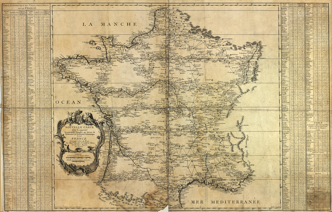 This old map of Nouvelle Carte Qui Comprend Les Principaux Triangles Qui Servent De Fondement à La Description Géométrique De La France from 1744 was created by  Aubin,  François, Guillaume D Heulland, J. D. (Jean Dominique) Maraldi in 1744