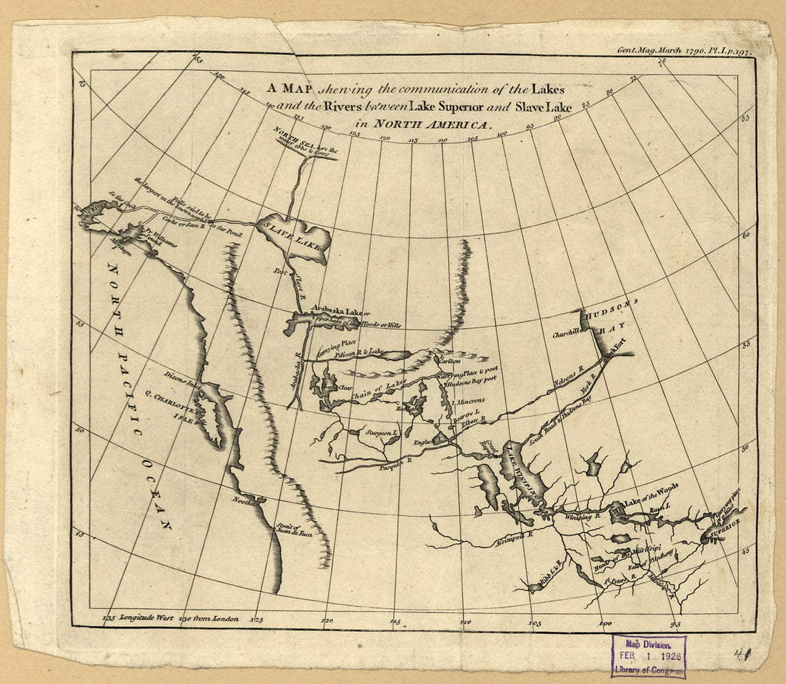 This old map of A Map Shewing the Communication of the Lakes and the Rivers Between Lake Superior and Slave Lake In North America from 1790 was created by Peter Pond in 1790