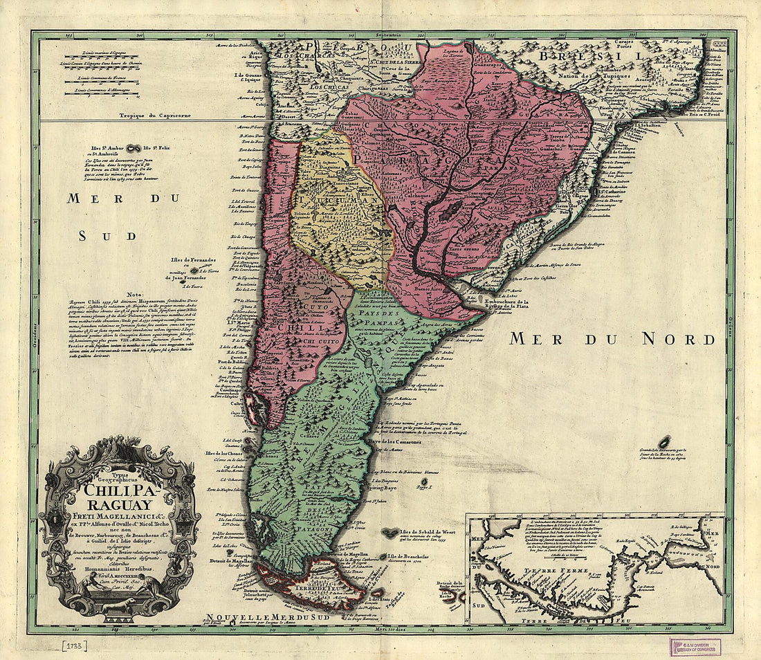 This old map of Typus Geographicus, Chili, Paraguay Freti Magellanici &amp;c from 1733 was created by  Homann Erben (Firm), Alonso De Ovalle, Nicolás Del Techo in 1733