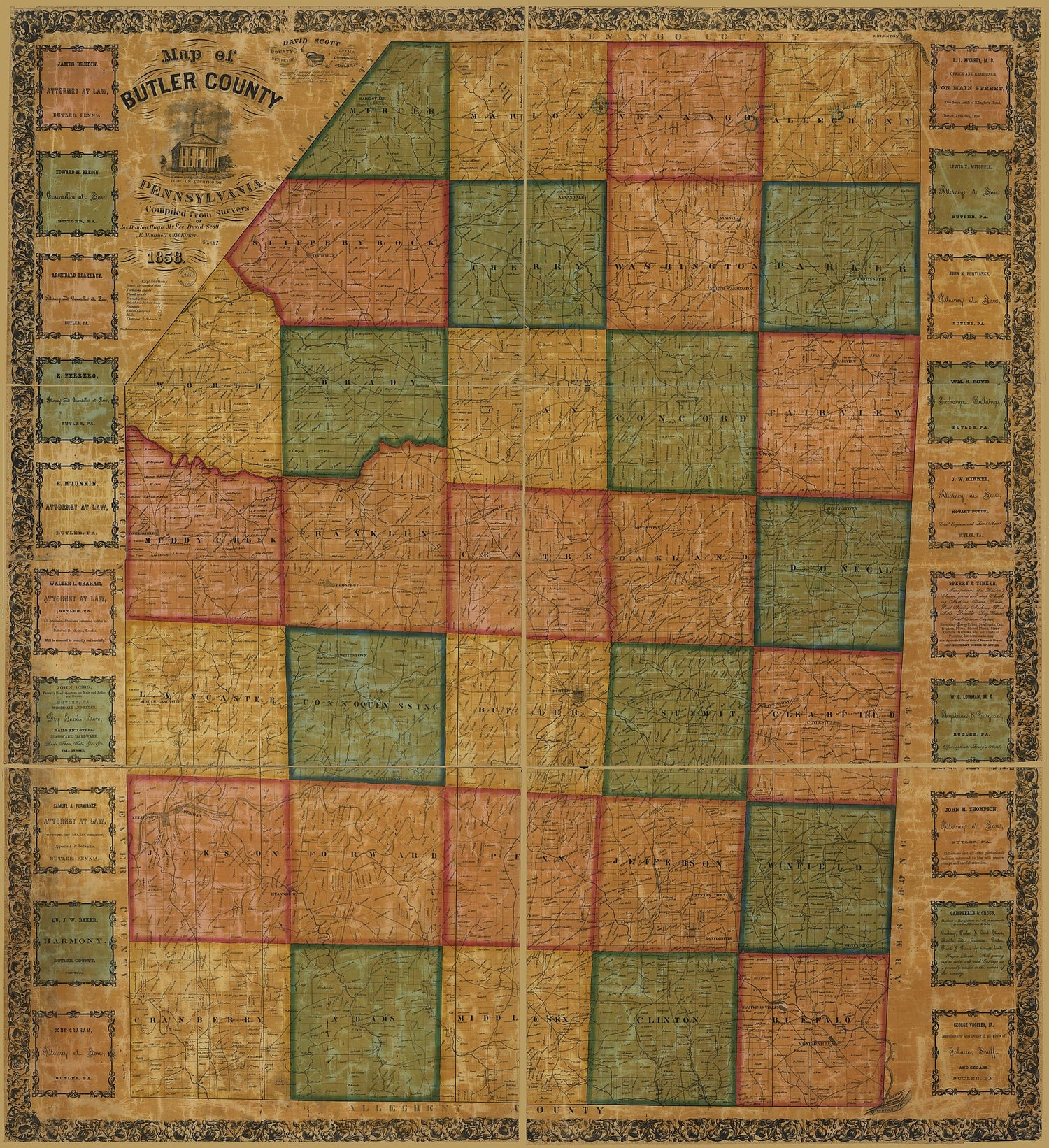 This old map of Map of Butler County, Pennsylvania from 1858 was created by Jas Dunlap, J. W. Kirker, E. Maurhoff, Hugh McKee, David Scott in 1858