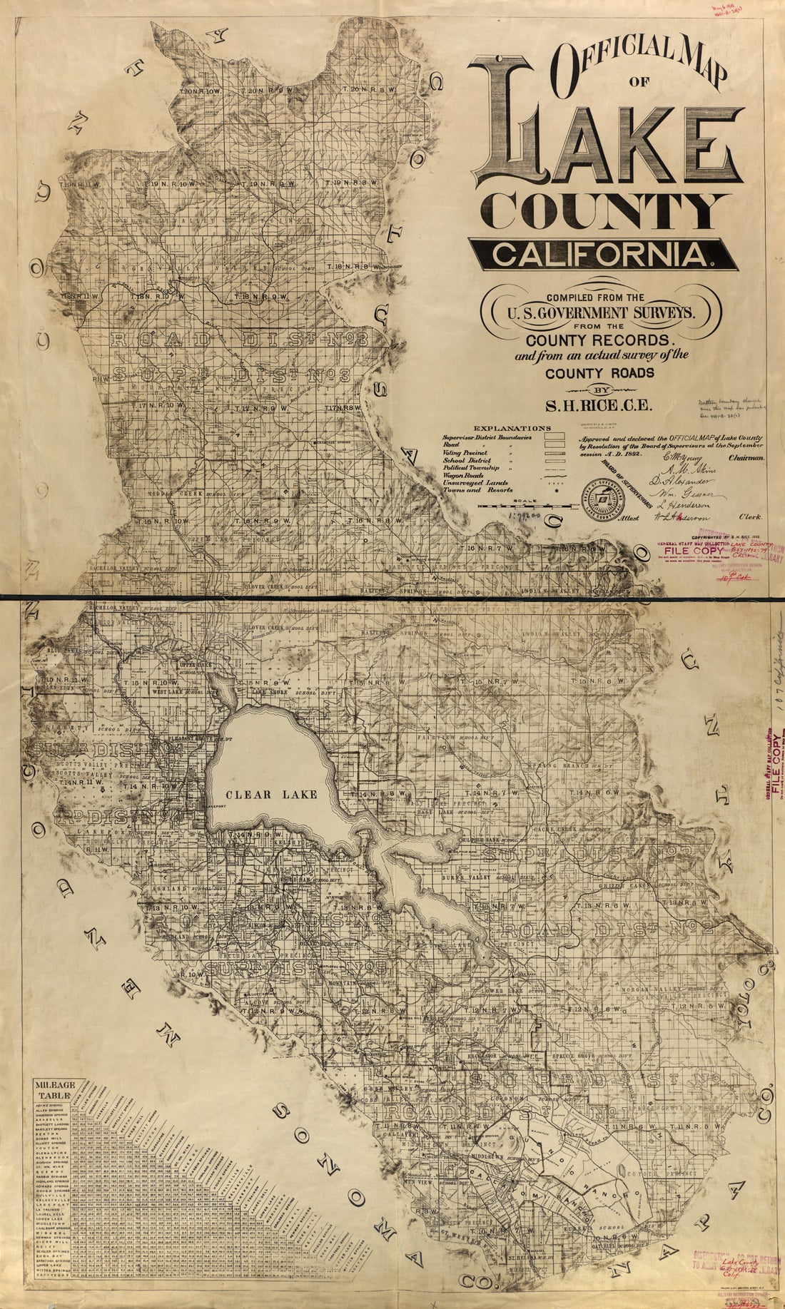 This old map of Official Map of Lake County, California. : Compiled from the U.S. Government Surveys, from the County Records, and from an Actual Survey of the County Roads from 1892 was created by  Britton &amp; Rey, S. H. Rice in 1892