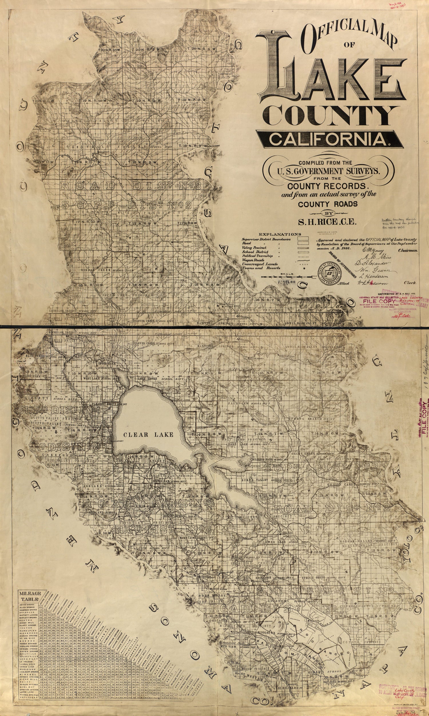 This old map of Official Map of Lake County, California. : Compiled from the U.S. Government Surveys, from the County Records, and from an Actual Survey of the County Roads from 1892 was created by  Britton &amp; Rey, S. H. Rice in 1892