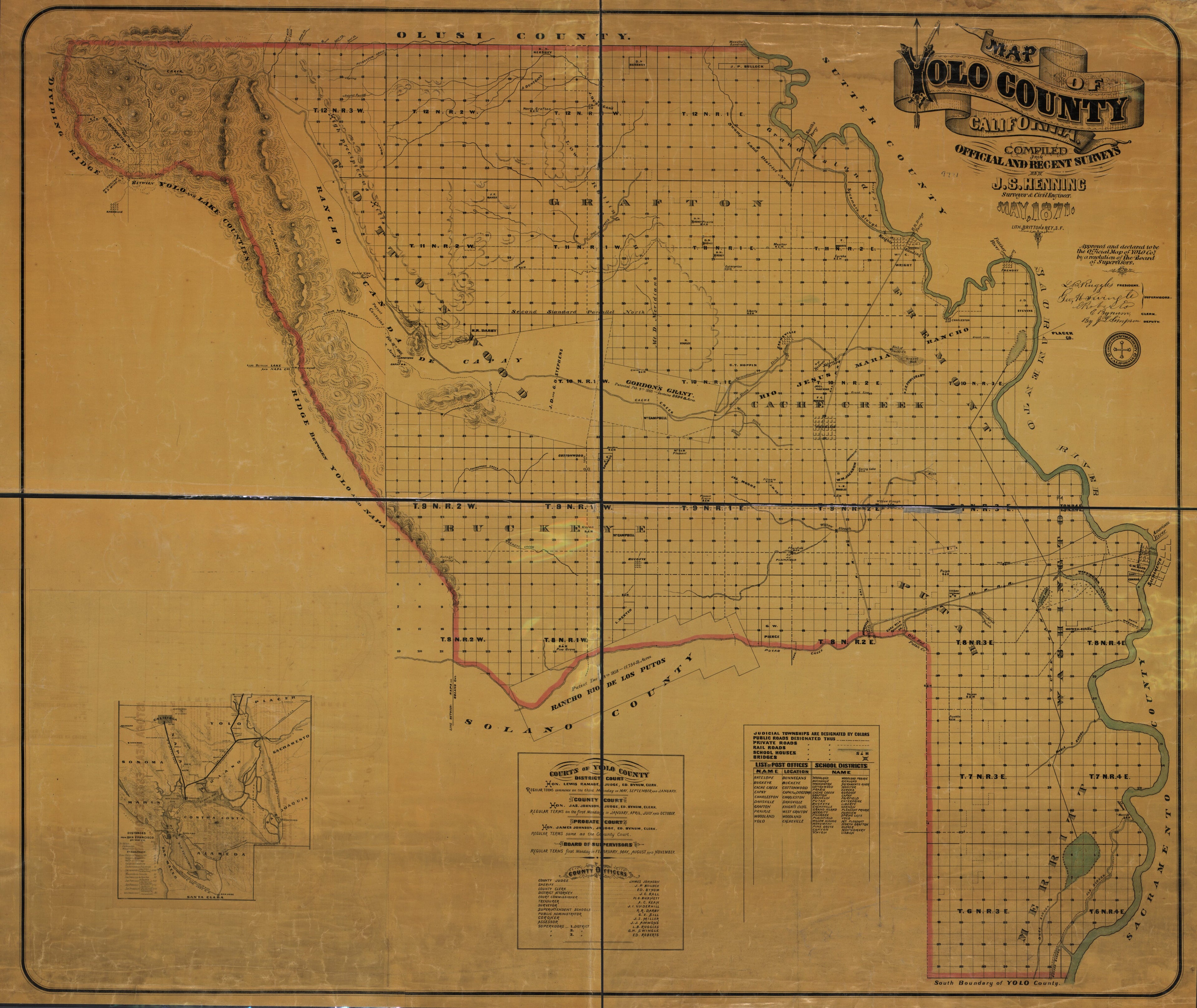 This old map of Map of Yolo County, California / Compiled from Official and Recent Surveys by J.S. Henning from 1871 was created by  Britton &amp; Rey, J. S. Henning in 1871