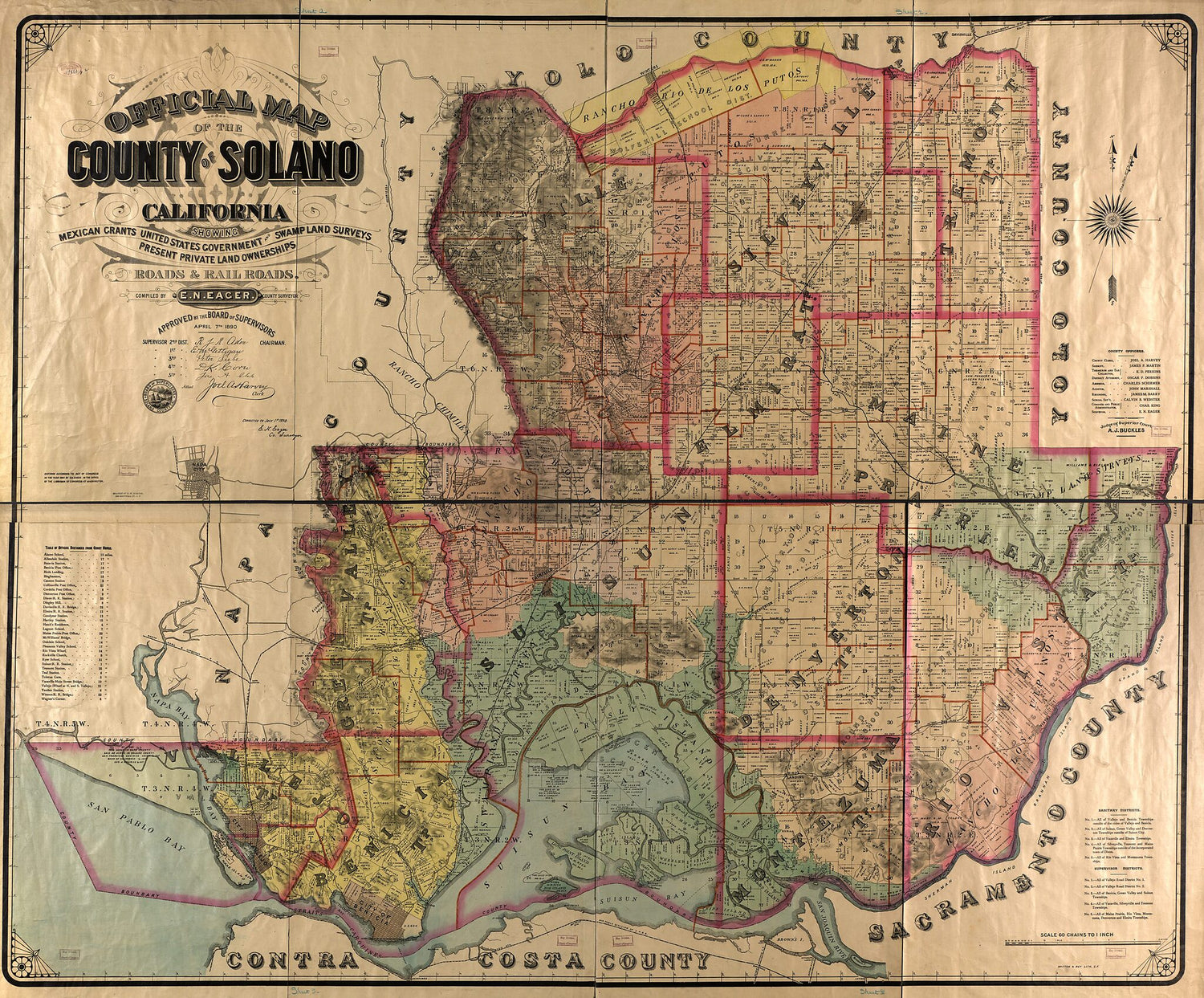 This old map of Official Map of the County of Solano, California : Showing Mexican Grants, United States Government and Swamp Land Surveys, Present Private Land Ownerships, Roads and Railroads from 1890 was created by E. N. (Edward Nelson) Eager in 1890