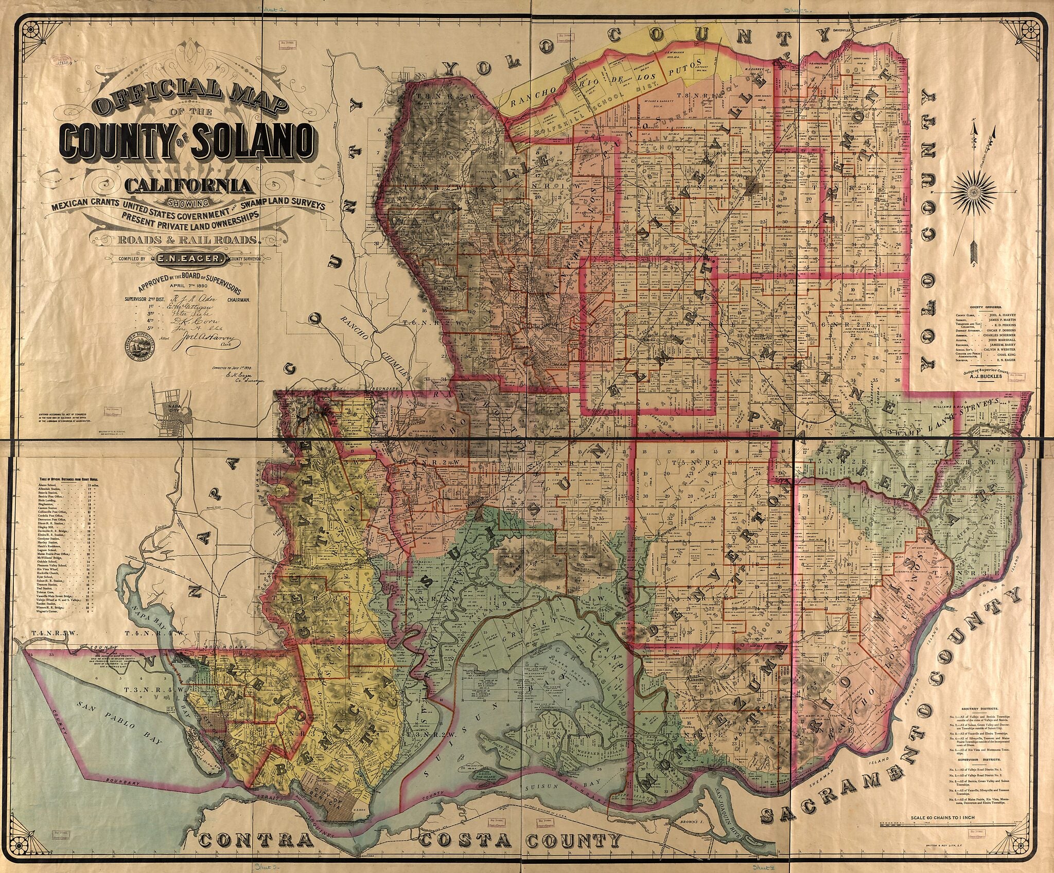 This old map of Official Map of the County of Solano, California : Showing Mexican Grants, United States Government and Swamp Land Surveys, Present Private Land Ownerships, Roads and Railroads from 1890 was created by E. N. (Edward Nelson) Eager in 1890