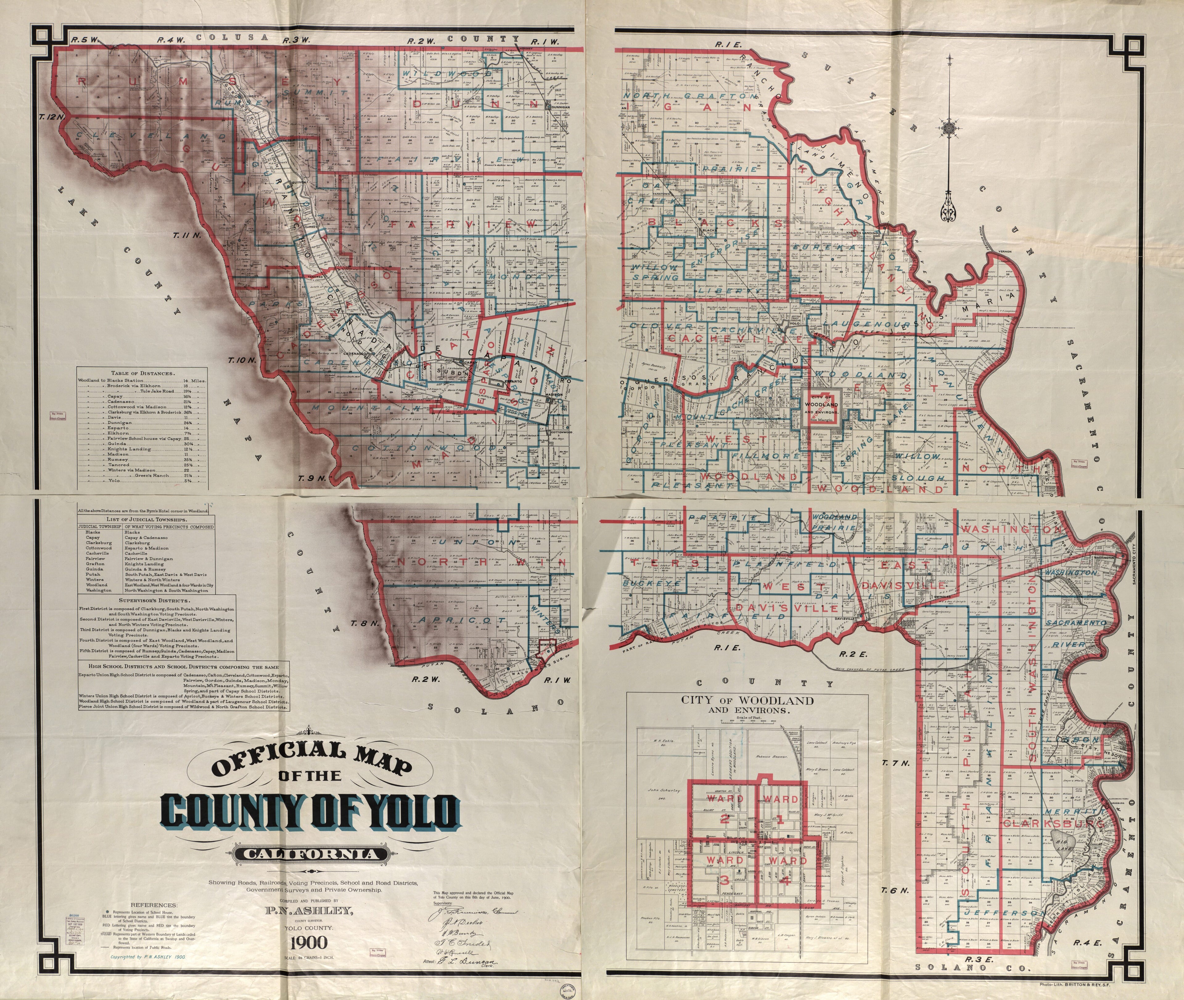 This old map of Official Map of the County of Yolo, California from 1900 was created by P. N. (Pallas N.) Ashley,  Britton &amp; Rey,  Yolo County (Calif.). Board of Supervisors in 1900