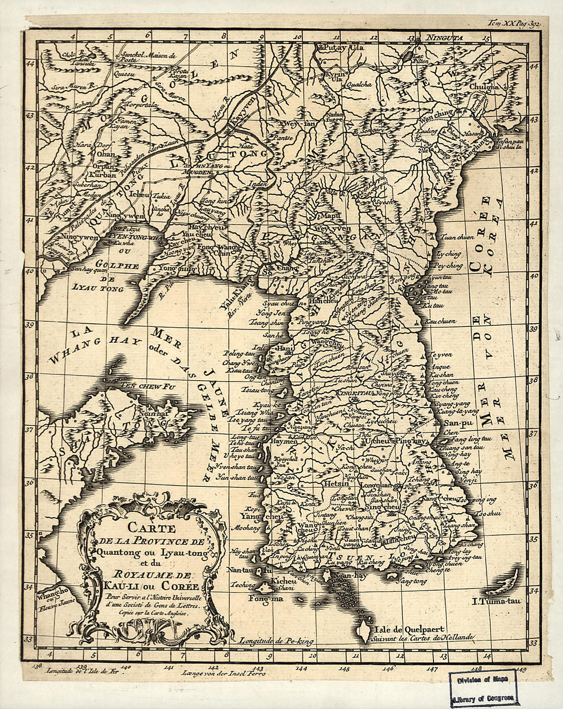 This old map of Tong Et Du Royaume De Kau-li Ou Corée from 1750 was created by  in 1750