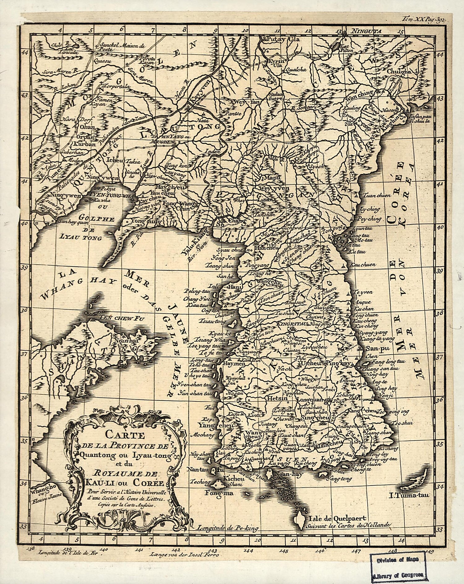 This old map of Tong Et Du Royaume De Kau-li Ou Corée from 1750 was created by  in 1750