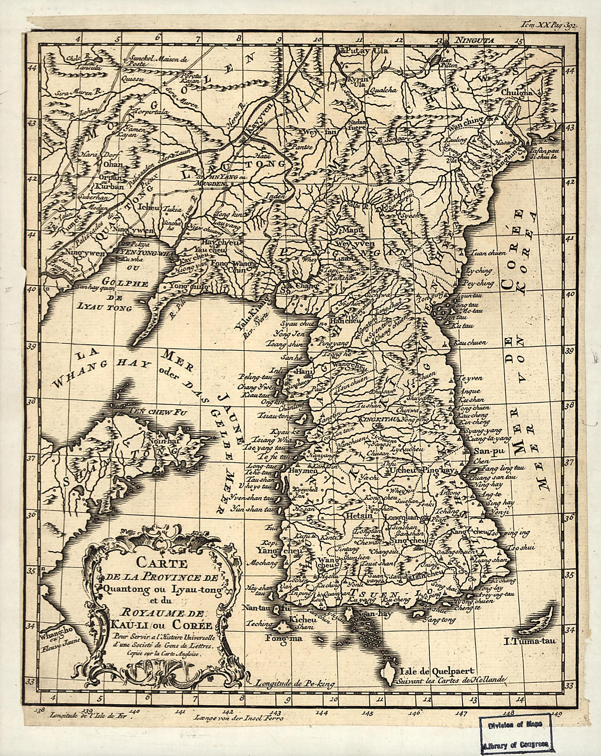 This old map of Tong Et Du Royaume De Kau-li Ou Corée from 1750 was created by  in 1750