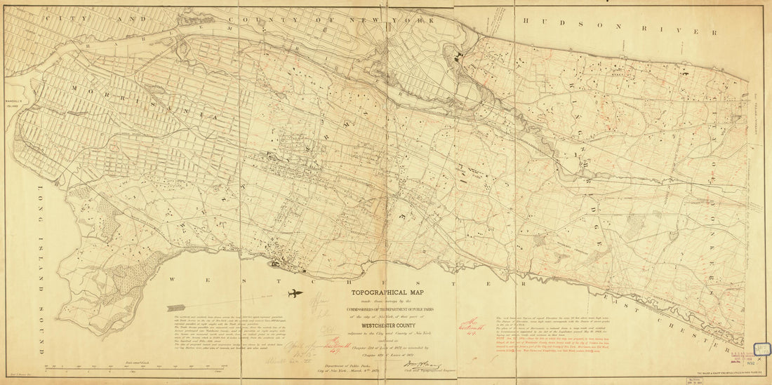 This old map of Topographical Map Made from Surveys by the Commissioners of the Department of Public Parks of the City of New York of That Part of Westchester County Adjacent to the City and County of New York Embraced In Chapter 534 of Laws of 1871 As A