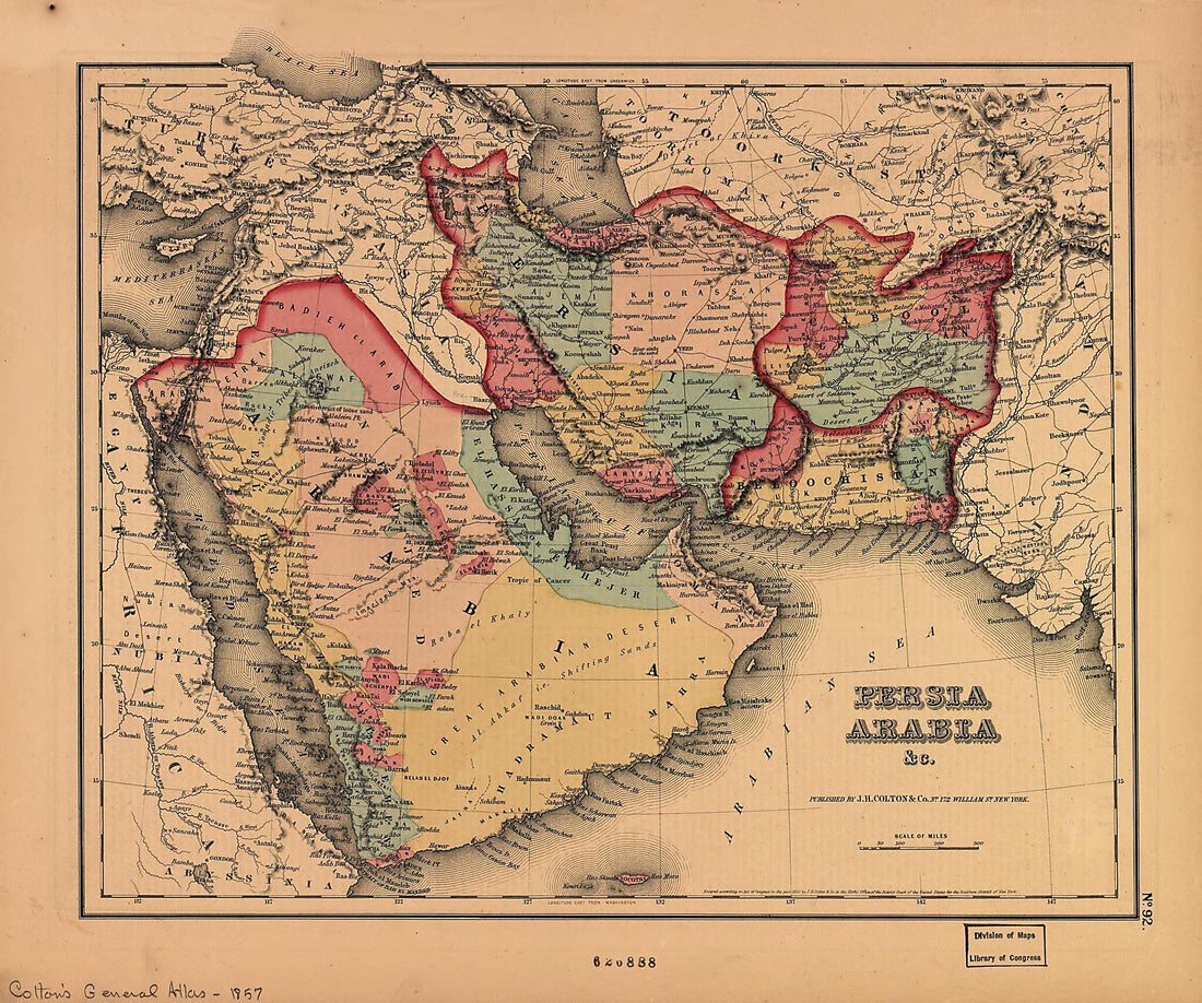 This old map of Persia Arabia &amp; C from 1855 was created by  J.H. Colton &amp; Co in 1855