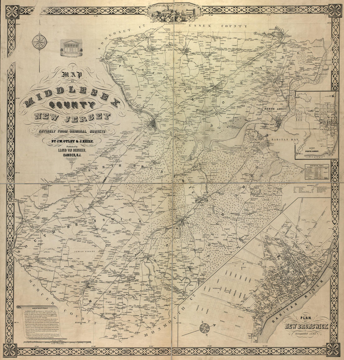 This old map of Map of Middlesex County, New Jersey from 1850 was created by Edward Herline, James Keily, J. W. Otley, Alex C. Stansbie, Lloyd Van Derveer in 1850