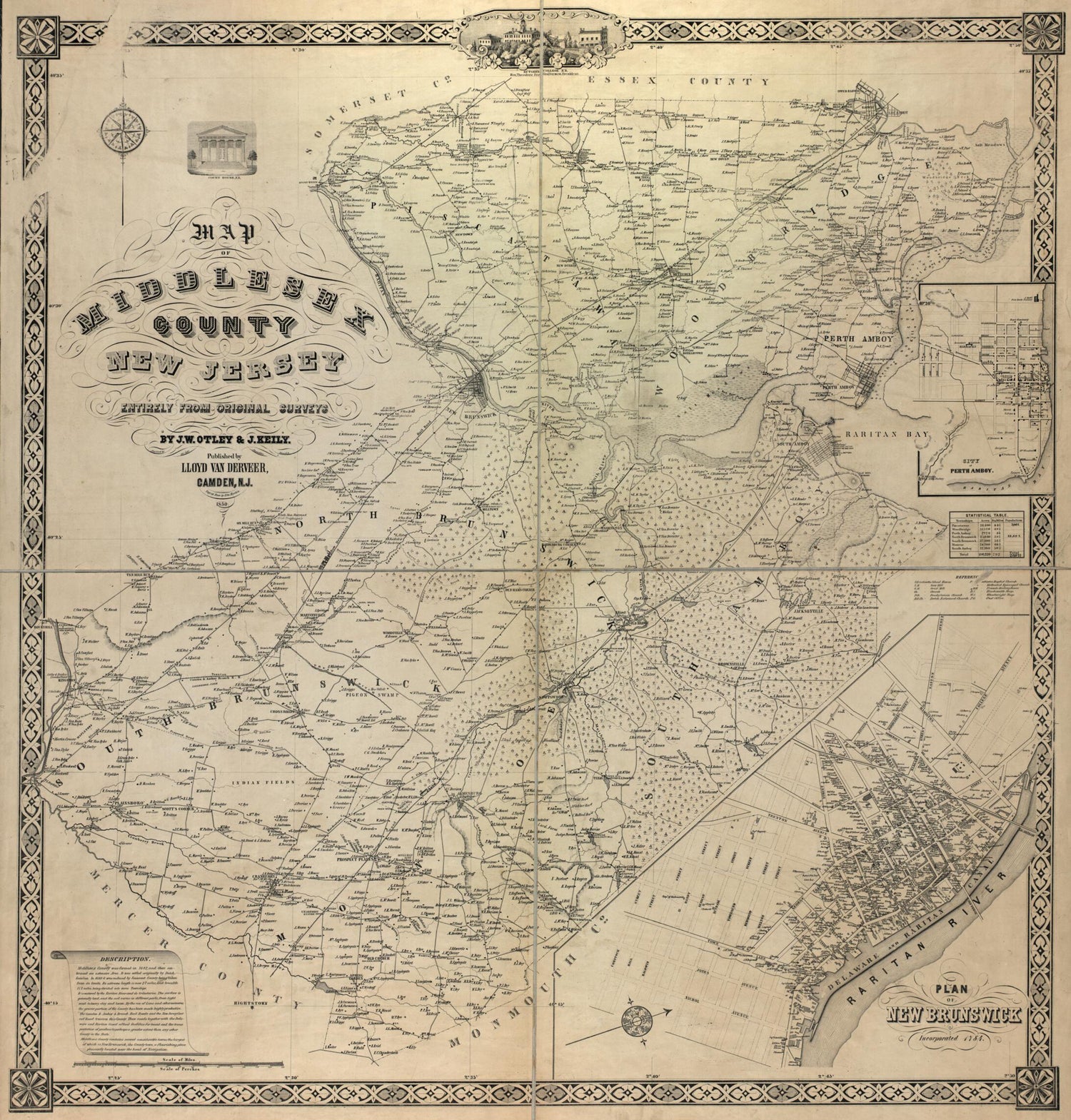 This old map of Map of Middlesex County, New Jersey from 1850 was created by Edward Herline, James Keily, J. W. Otley, Alex C. Stansbie, Lloyd Van Derveer in 1850