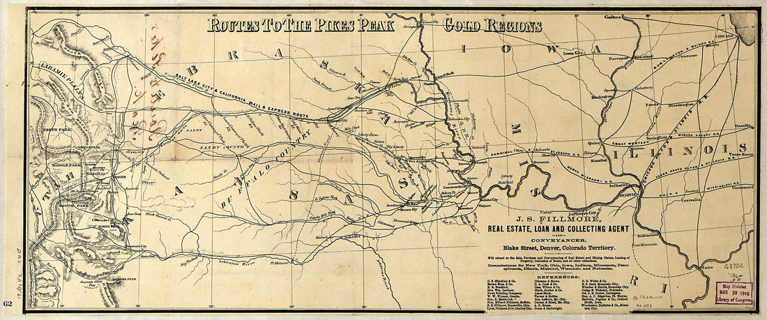 This old map of Routes to the Pikes Peak Gold Regions from 1860 was created by  in 1860