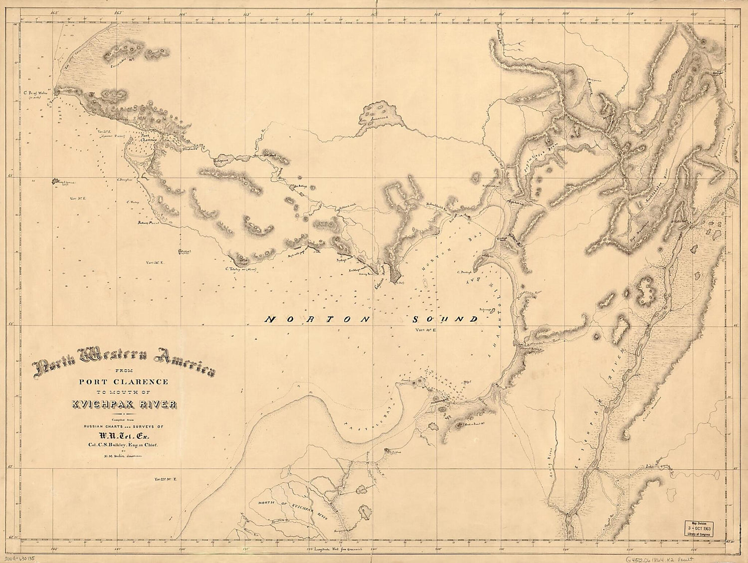This old map of North Western America, from Port Clarence to Mouth of Kvichpak sic River (Northwestern America, from Port Clarence to Mouth of Kvichpak sic River) from 1864 was created by M. M. Kadin,  Western Union Telegraph Expedition in 1864