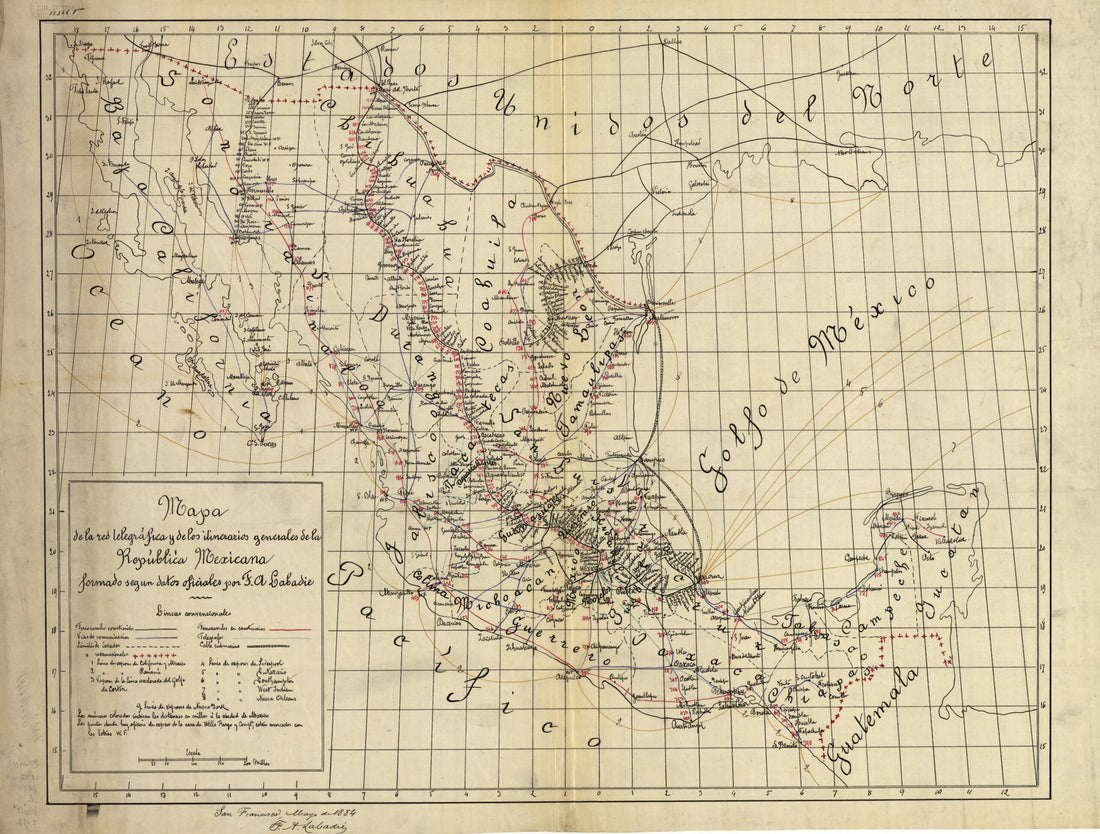 This old map of Mapa De La Red Telegráfica Y De Los Itinerarios Generales De La República Mexicana : Formado Segun Datos Officiales from 1884 was created by F. A. (Felipe A.) Labadie in 1884