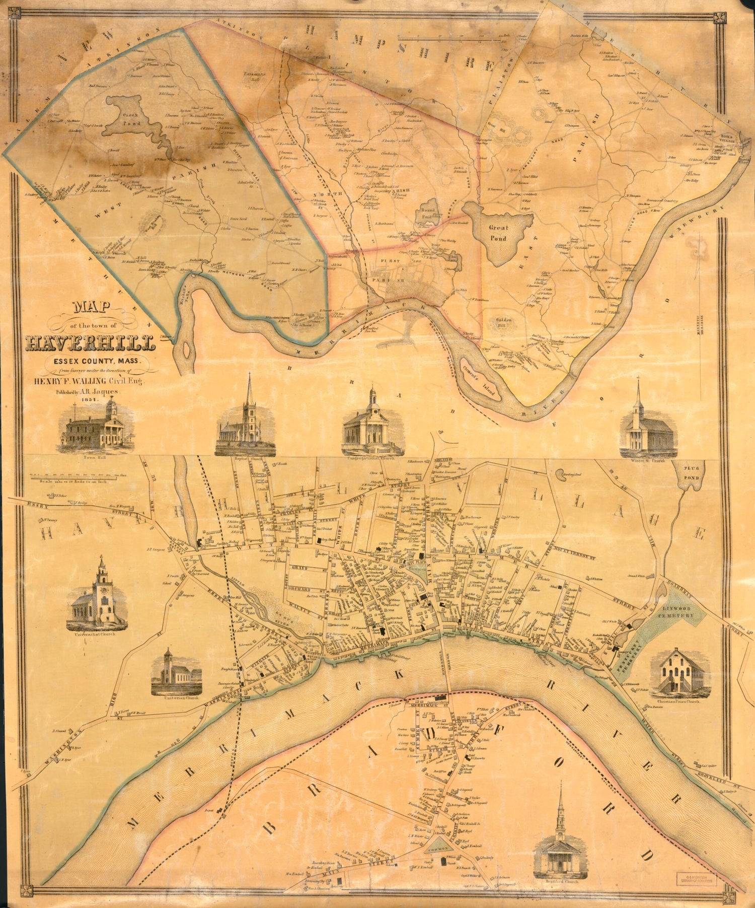 This old map of Map of the Town of Haverhill, Essex County, Massachusetts from 1851 was created by A. B. Jaques, Henry Francis Walling in 1851