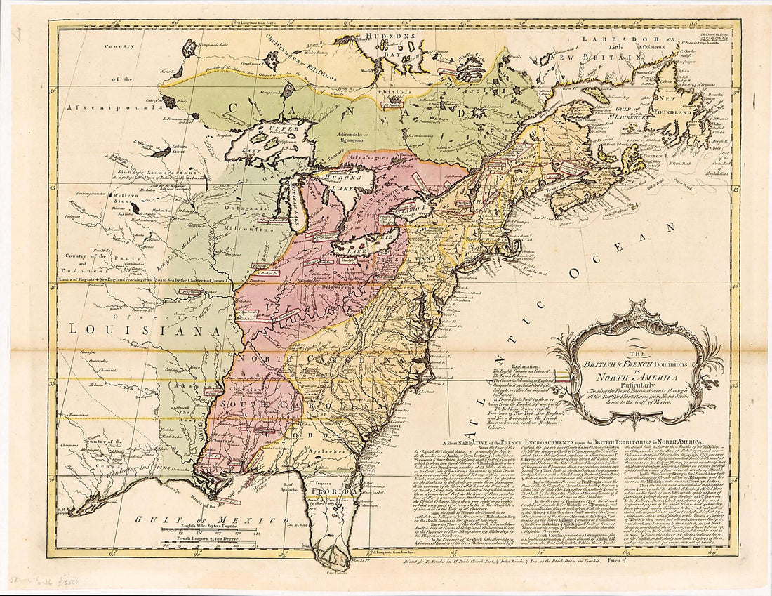 This old map of The British &amp; French Dominions In North America : Particularly Shewing the French Encroachments Through All the British Plantations from Nova Scotia Down to the Gulf of Mexico. (British and French Dominions In North America) from 1758 was