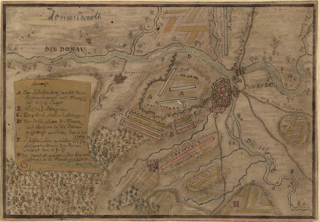 This old map of Map Showing Battle Lines In Vicinity of Donauwörth, Germany from 1704 was created by  in 1704