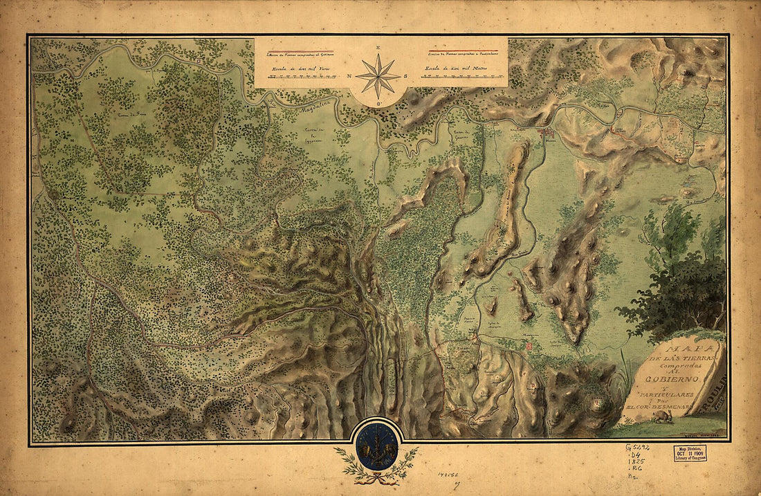 This old map of Mapa De Las Tierras Compradas Al Gobierno Y Particulares Par El Corl. Desmenaro : región De Honda, Colombia from 1825 was created by F. Roulin in 1825