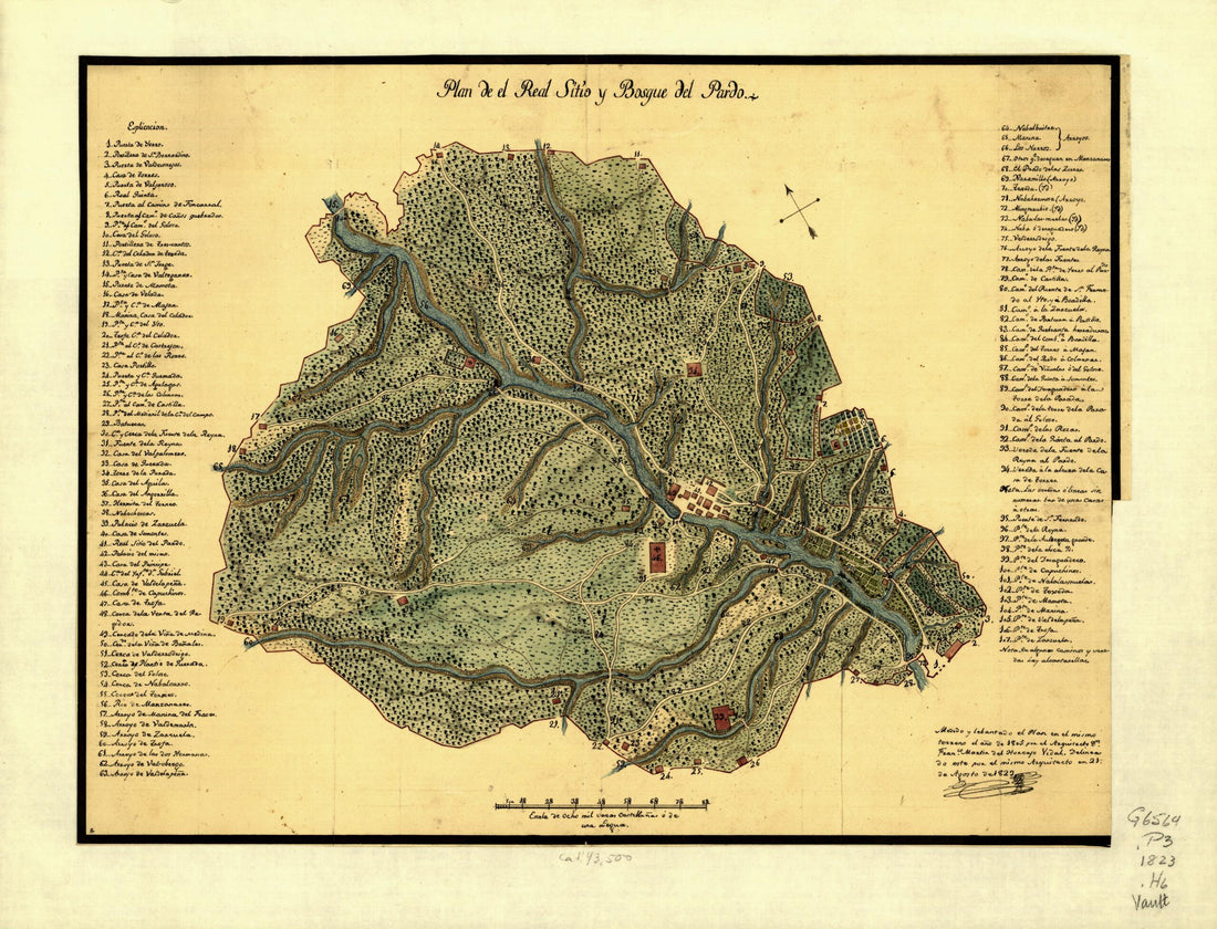 This old map of Plan De El Real Sitio Y Bosgue Del Pardo from 1823 was created by Francisco Martin Del Horcajo Vidal in 1823