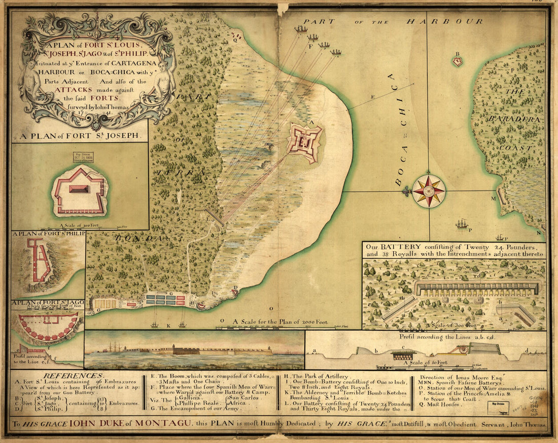 This old map of Chica With Ye Parts Adjacent and Also of the Attacks Made Against the Said Forts from 1741 was created by John Thomas in 1741