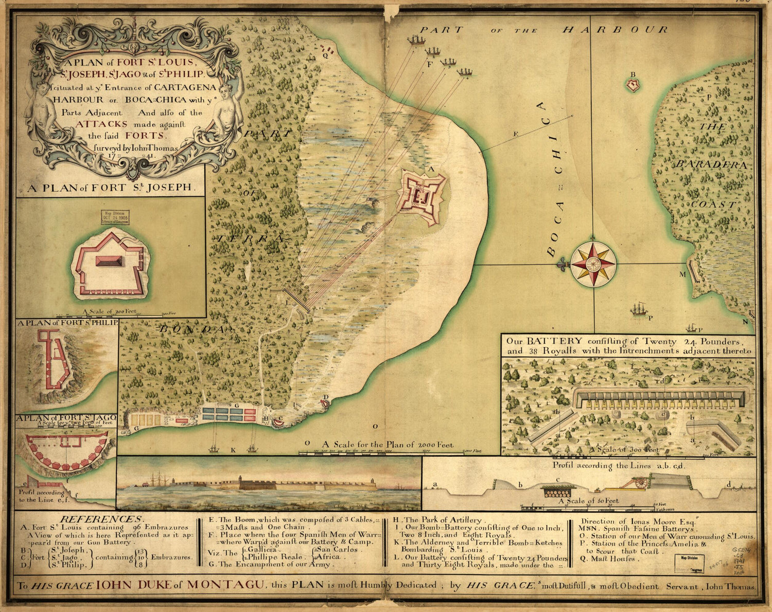 This old map of Chica With Ye Parts Adjacent and Also of the Attacks Made Against the Said Forts from 1741 was created by John Thomas in 1741
