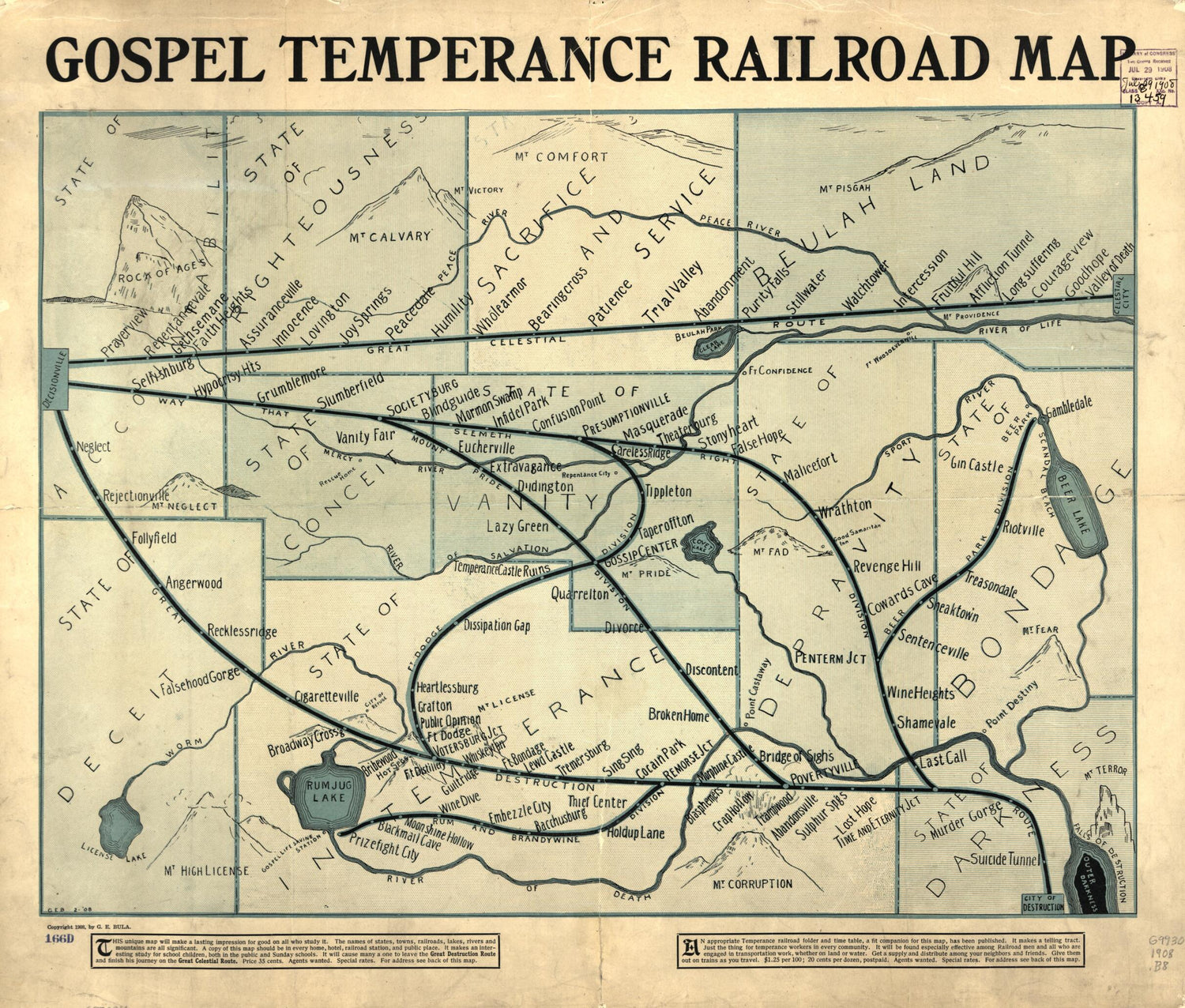 Gospel Temperance Railroad Map 1908 by Relic Map Company