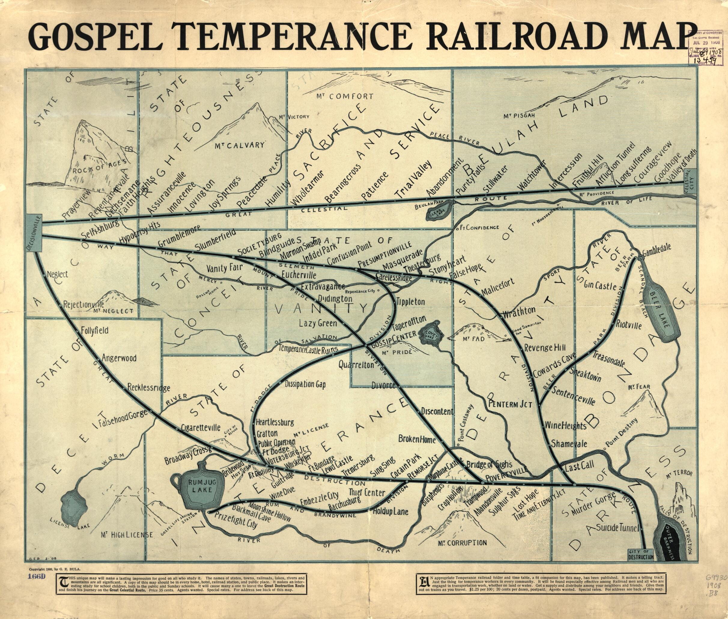 Gospel Temperance Railroad Map 1908 by Relic Map Company