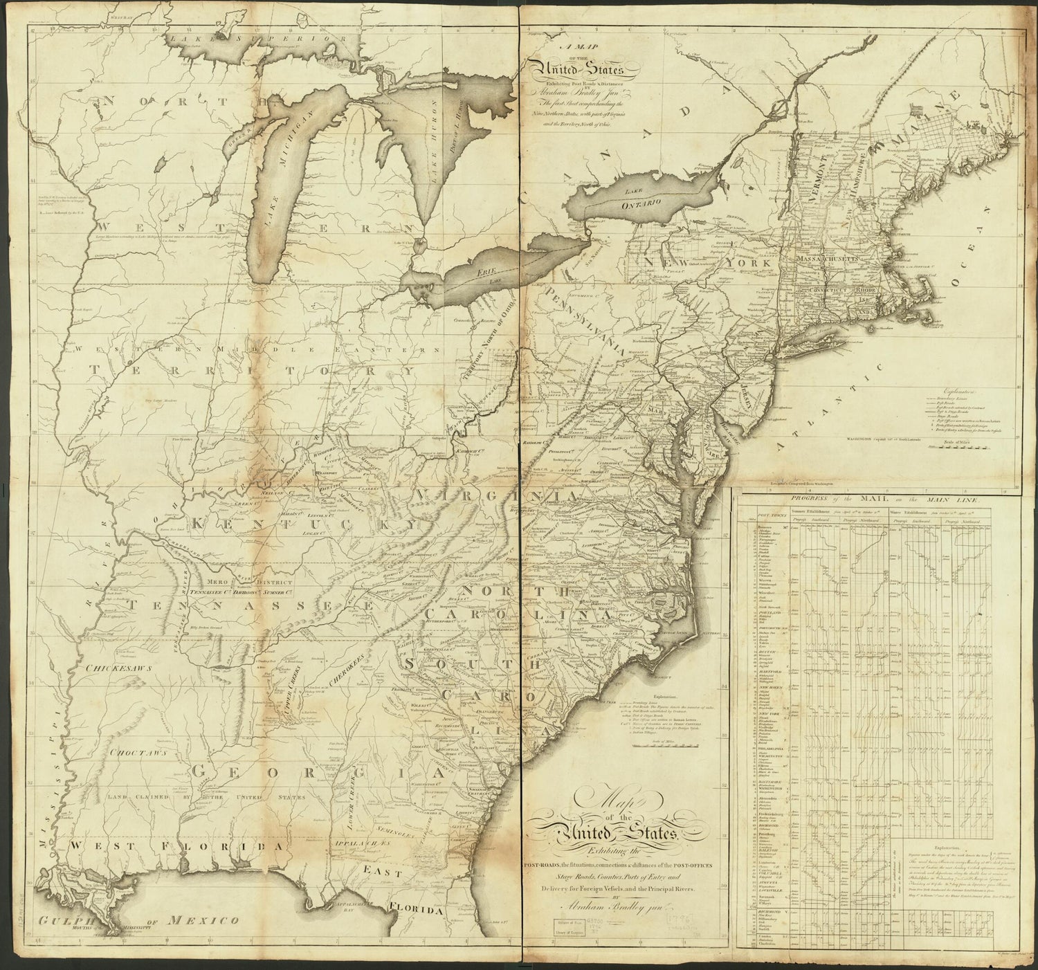 This old map of A Map of the United States Exhibiting Post Roads &amp; Distances : the First Sheet Comprehending the Nine Northern States, With Parts of Virginia and the Territory North of Ohio (roads, the Situations, Connections &amp; Distances of the Post-offi