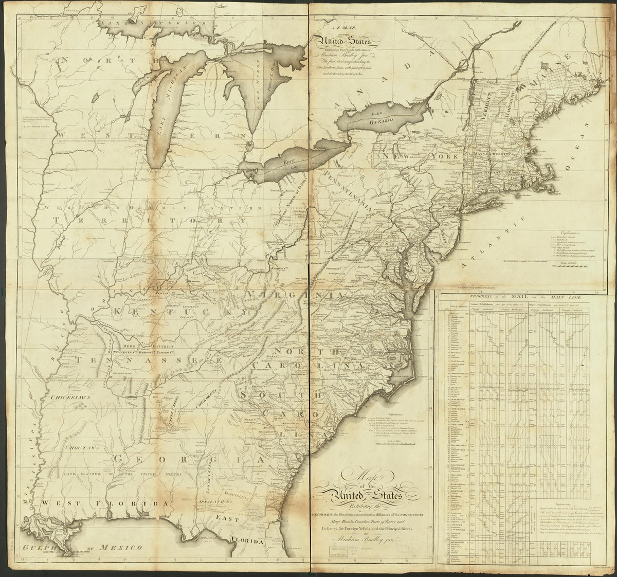 A Map of the United States Exhibiting Post Roads &amp; Distances : the First Sheet Comprehending the Nine Northern States, With Parts of Virginia and the Territory North of Ohio (roads, the Situations, Connections &amp; Distances of the Post-offices, Stage Ro... by Relic Map Company
